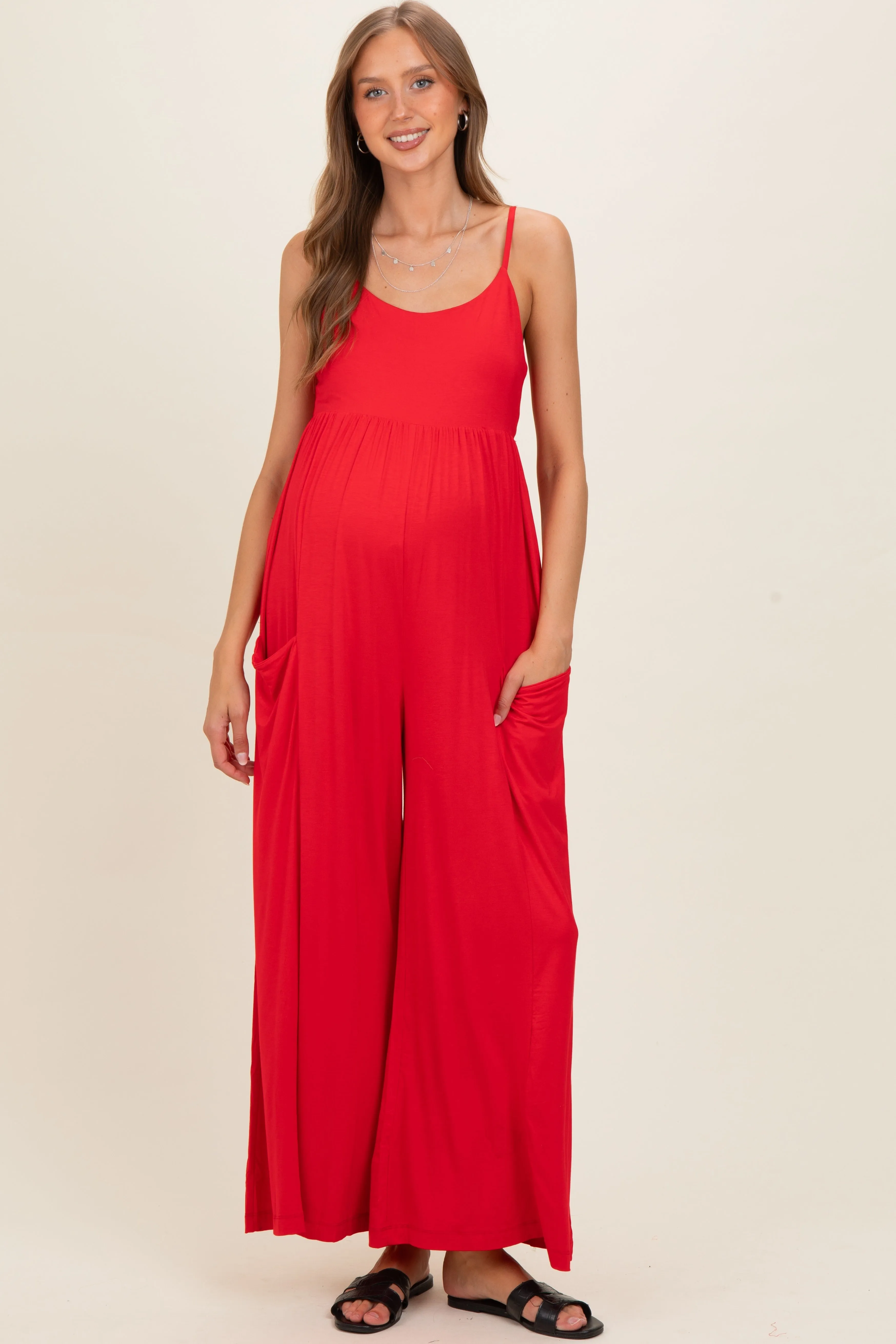 Red Sleeveless Wide Leg Maternity Jumpsuit sold by Pinkblush