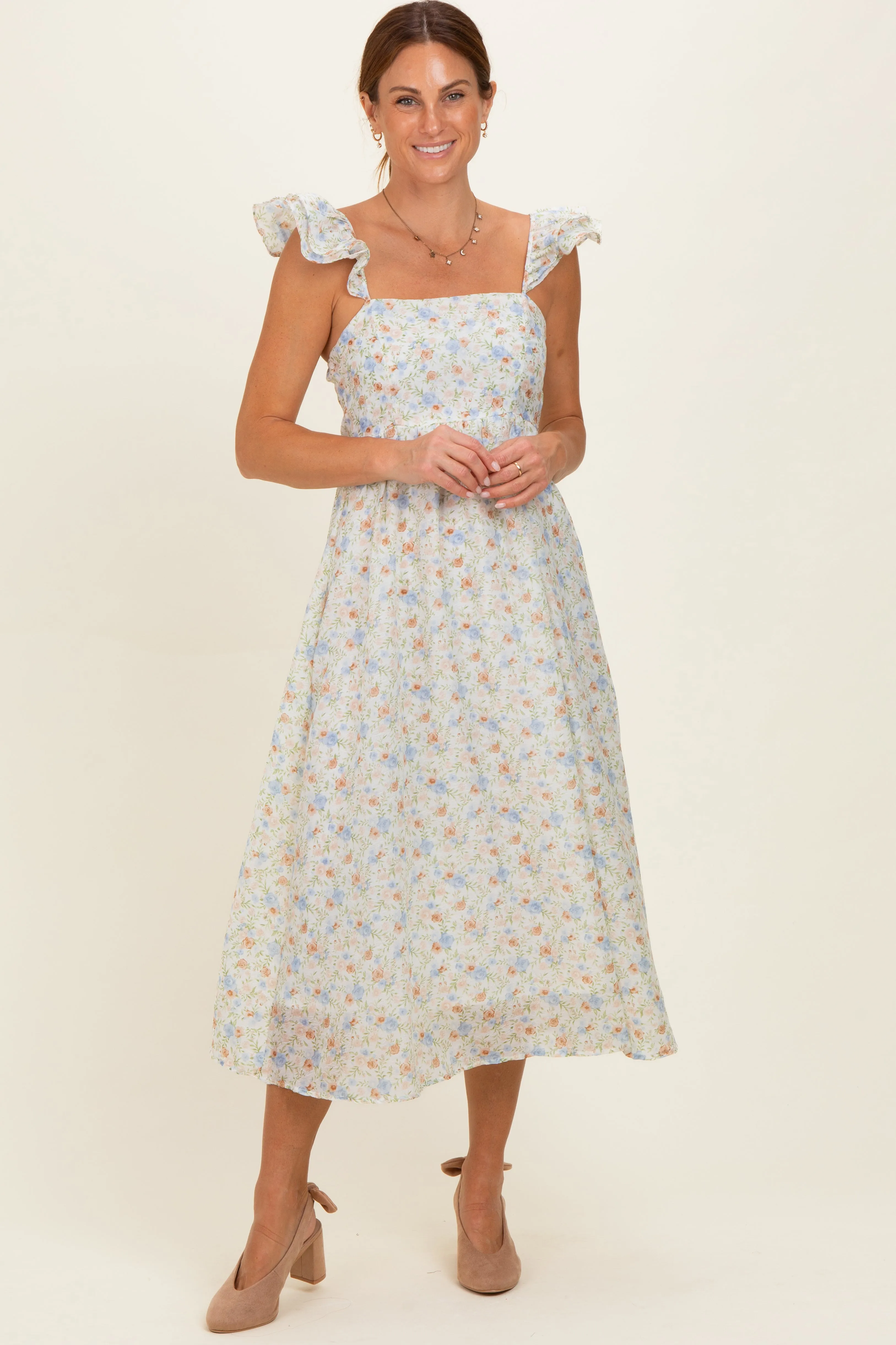 Ivory Floral Ruffle Strap Maternity Midi Dress sold by Pinkblush product image thumbnail 4