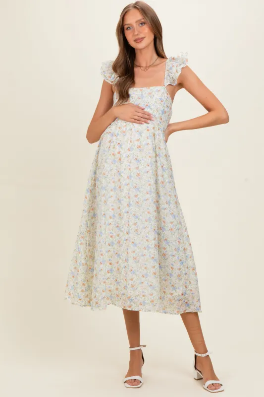 Ivory Floral Ruffle Strap Maternity Midi Dress made by Pinkblush