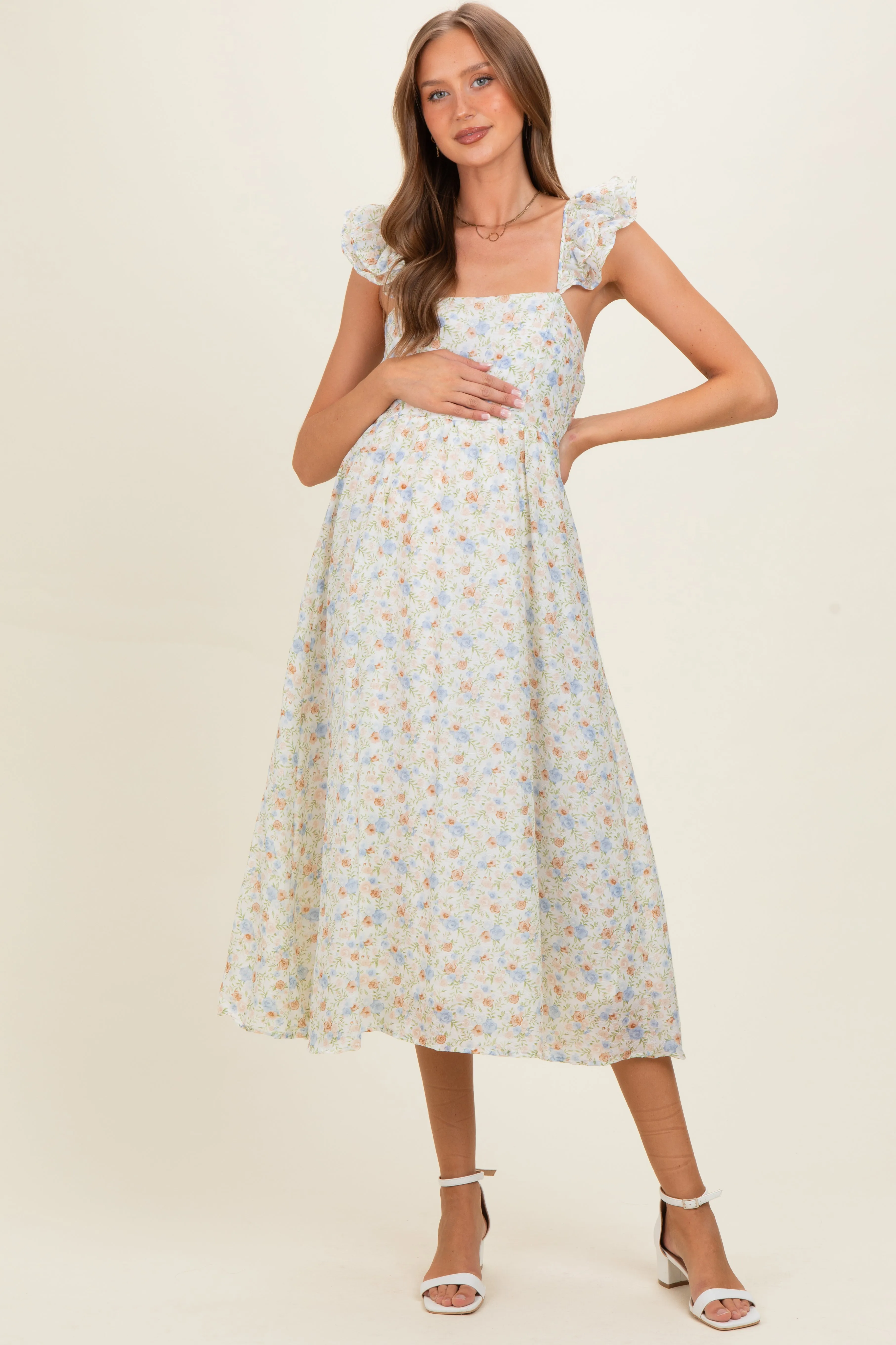 Ivory Floral Ruffle Strap Maternity Midi Dress sold by Pinkblush