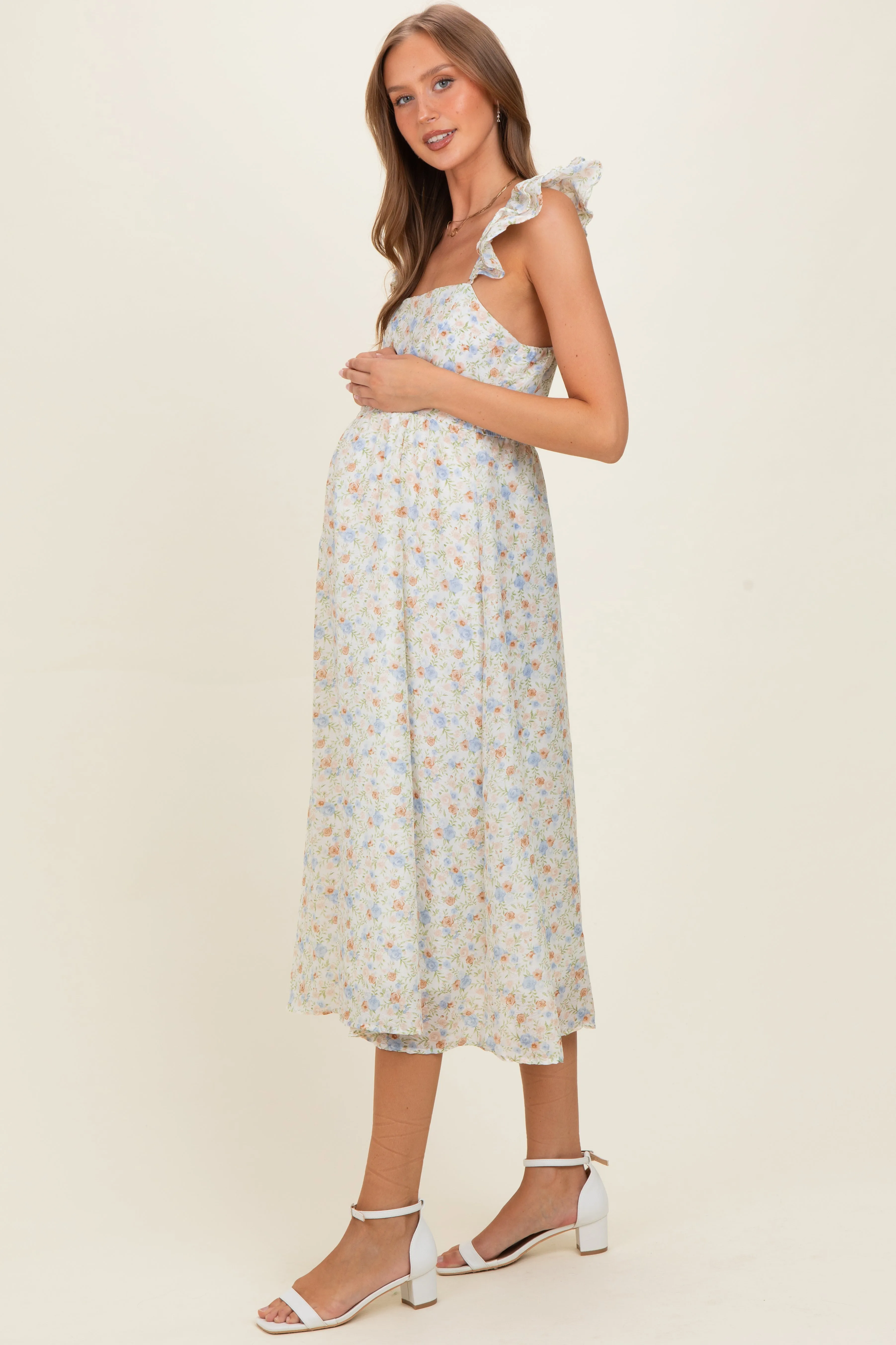 Ivory Floral Ruffle Strap Maternity Midi Dress sold by Pinkblush product image thumbnail 2