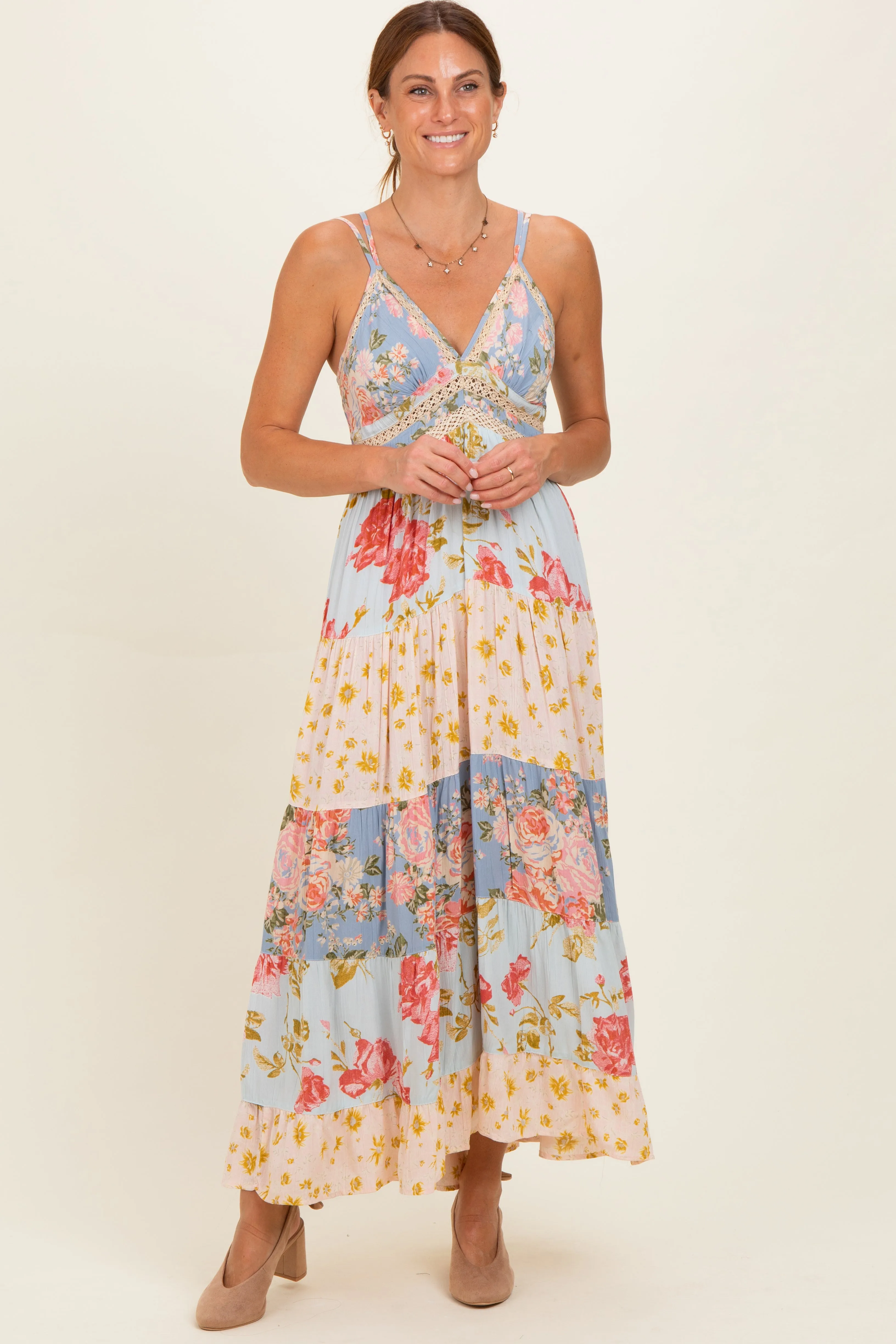 Multicolor Printed Lace Inset Tiered Maternity Maxi Dress sold by Pinkblush product image thumbnail 4