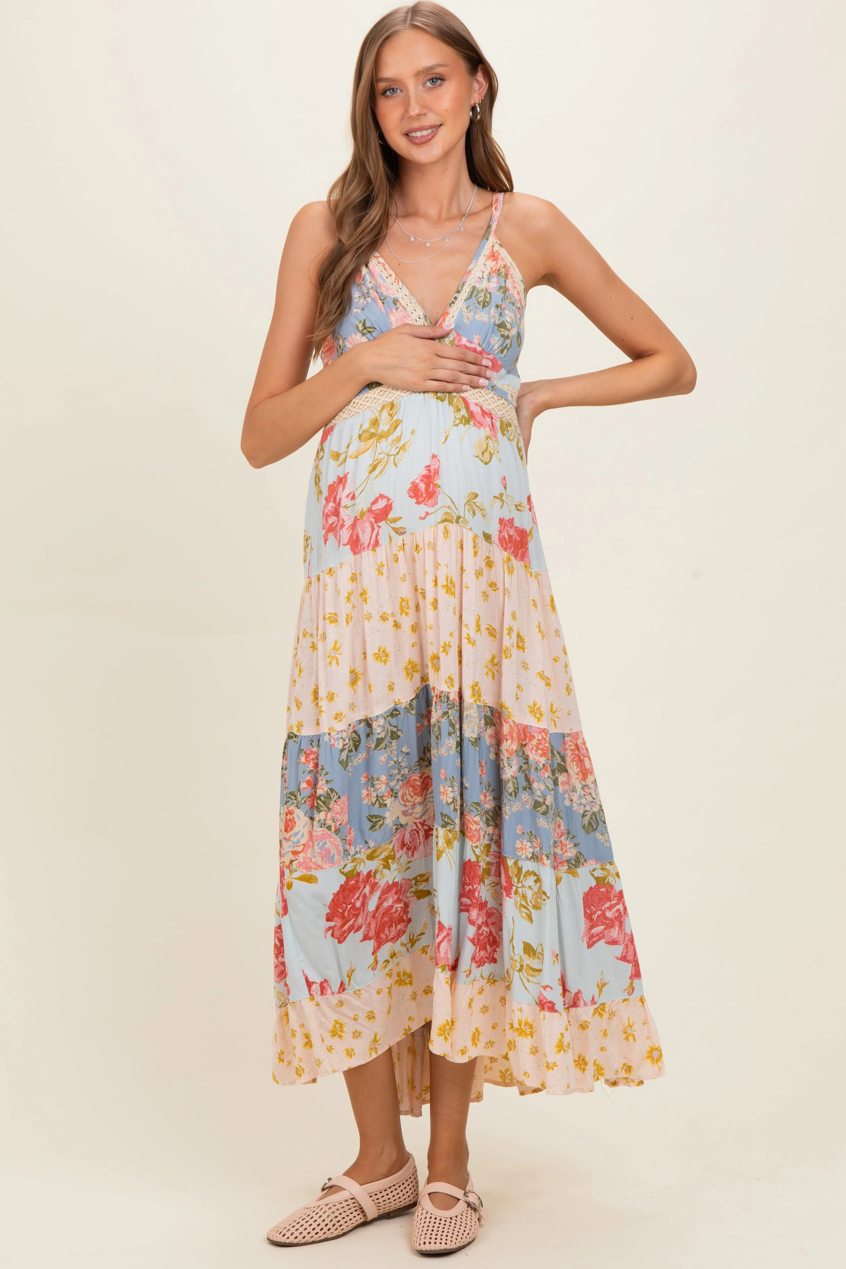 Multicolor Printed Lace Inset Tiered Maternity Maxi Dress sold by Pinkblush