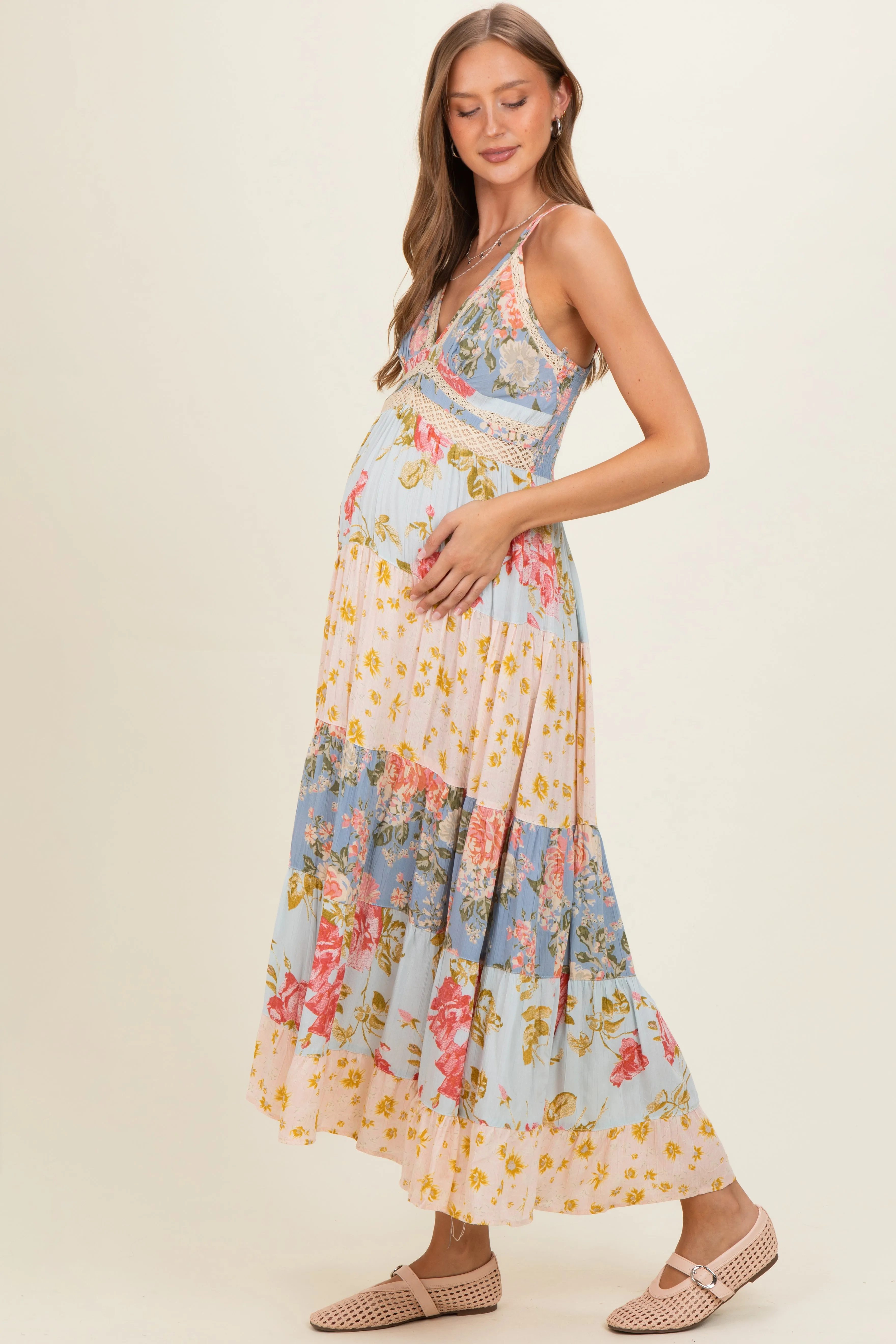 Multicolor Printed Lace Inset Tiered Maternity Maxi Dress sold by Pinkblush product image thumbnail 2
