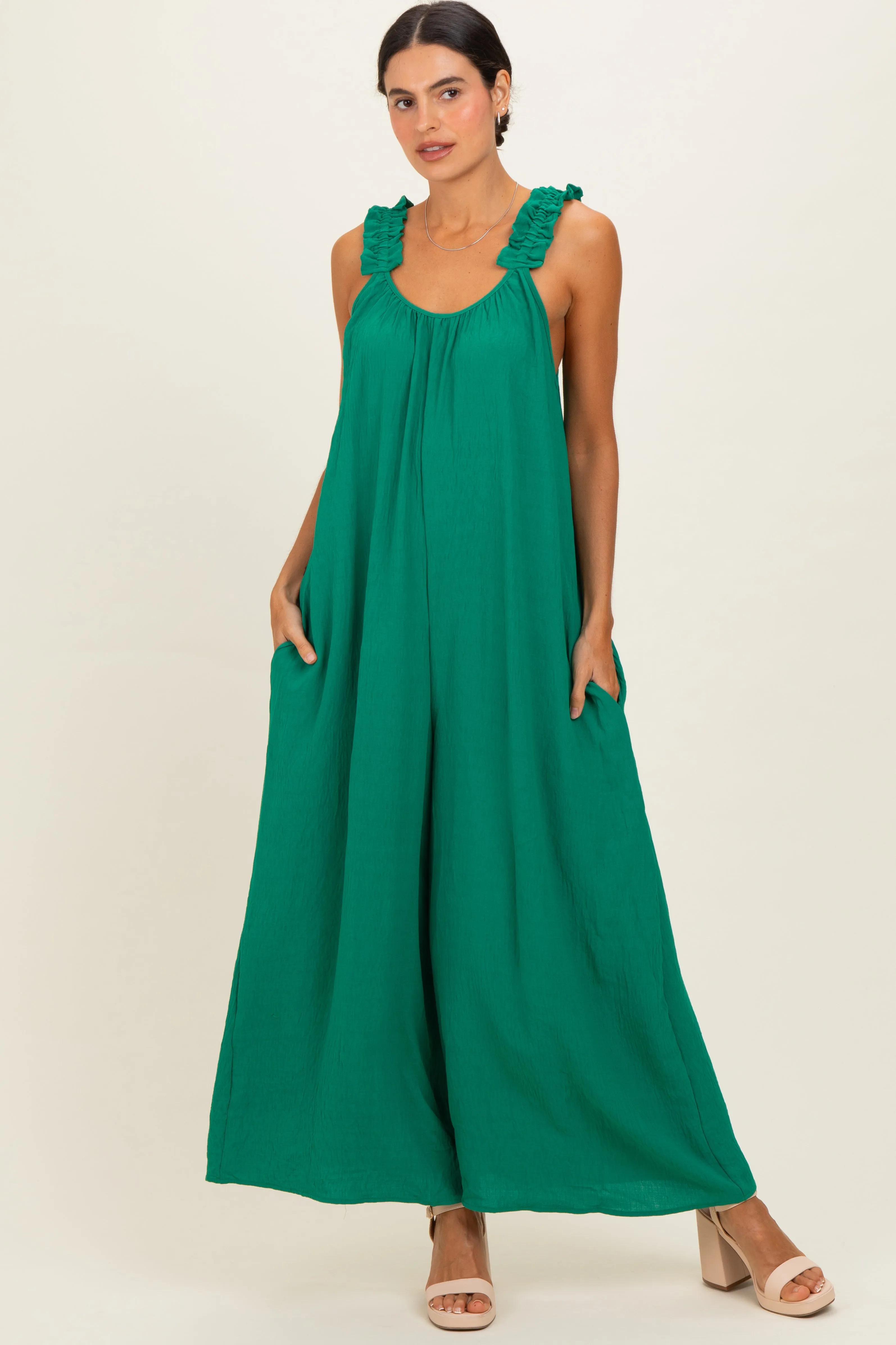 Green Ruffle Strap Maternity Wide Leg Jumpsuit sold by Pinkblush product image thumbnail 4