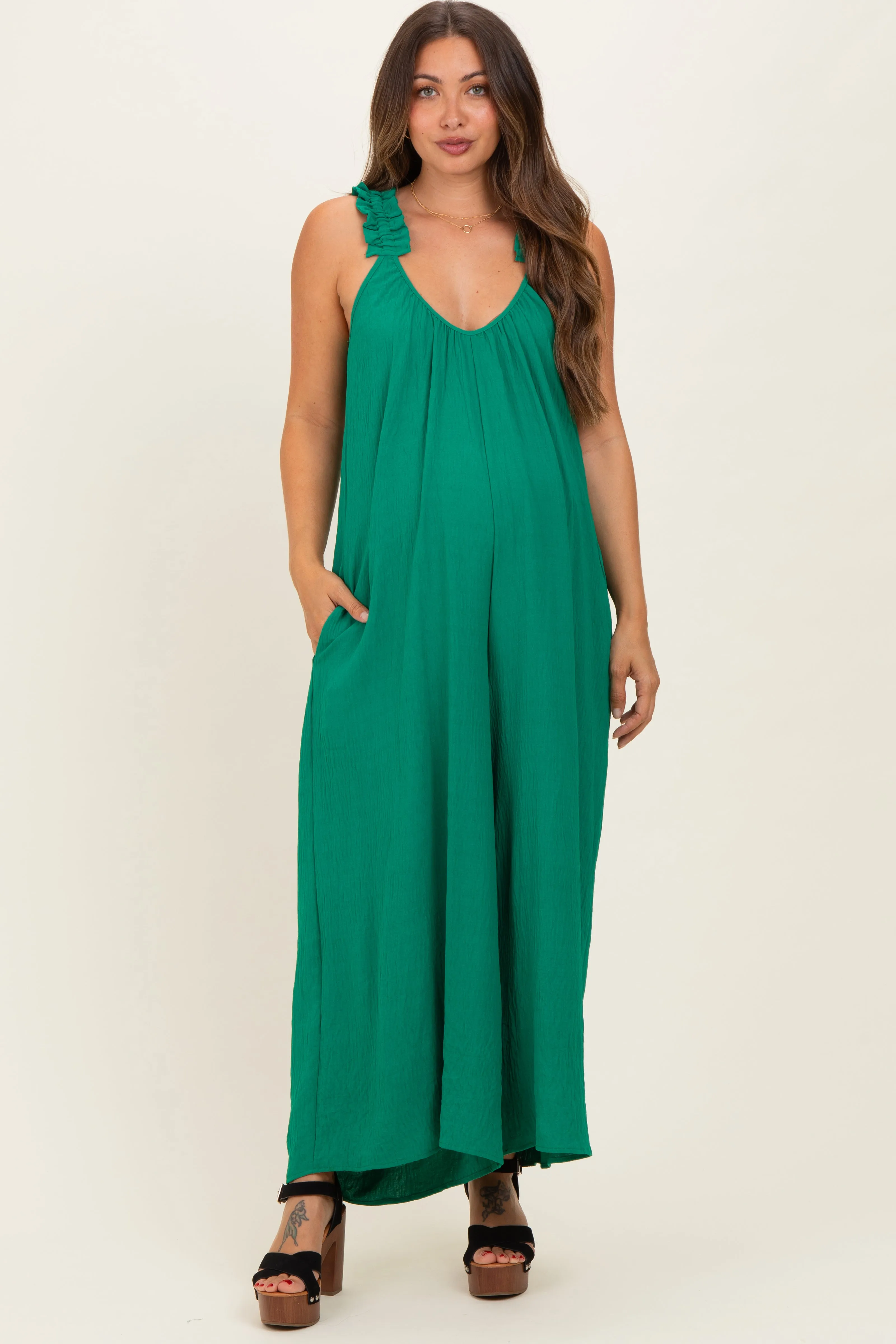 Green Ruffle Strap Maternity Wide Leg Jumpsuit sold by Pinkblush