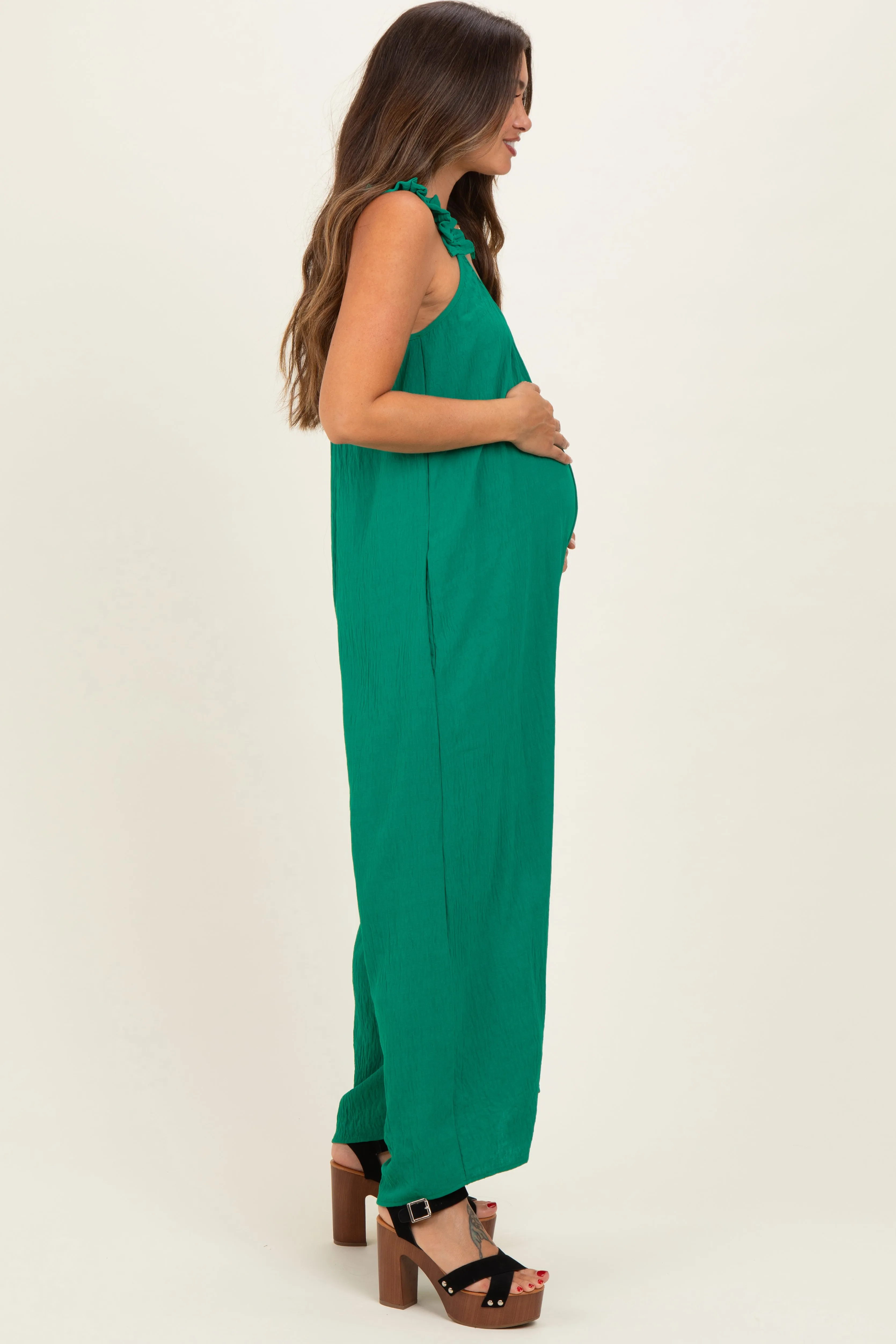 Green Ruffle Strap Maternity Wide Leg Jumpsuit sold by Pinkblush product image thumbnail 2