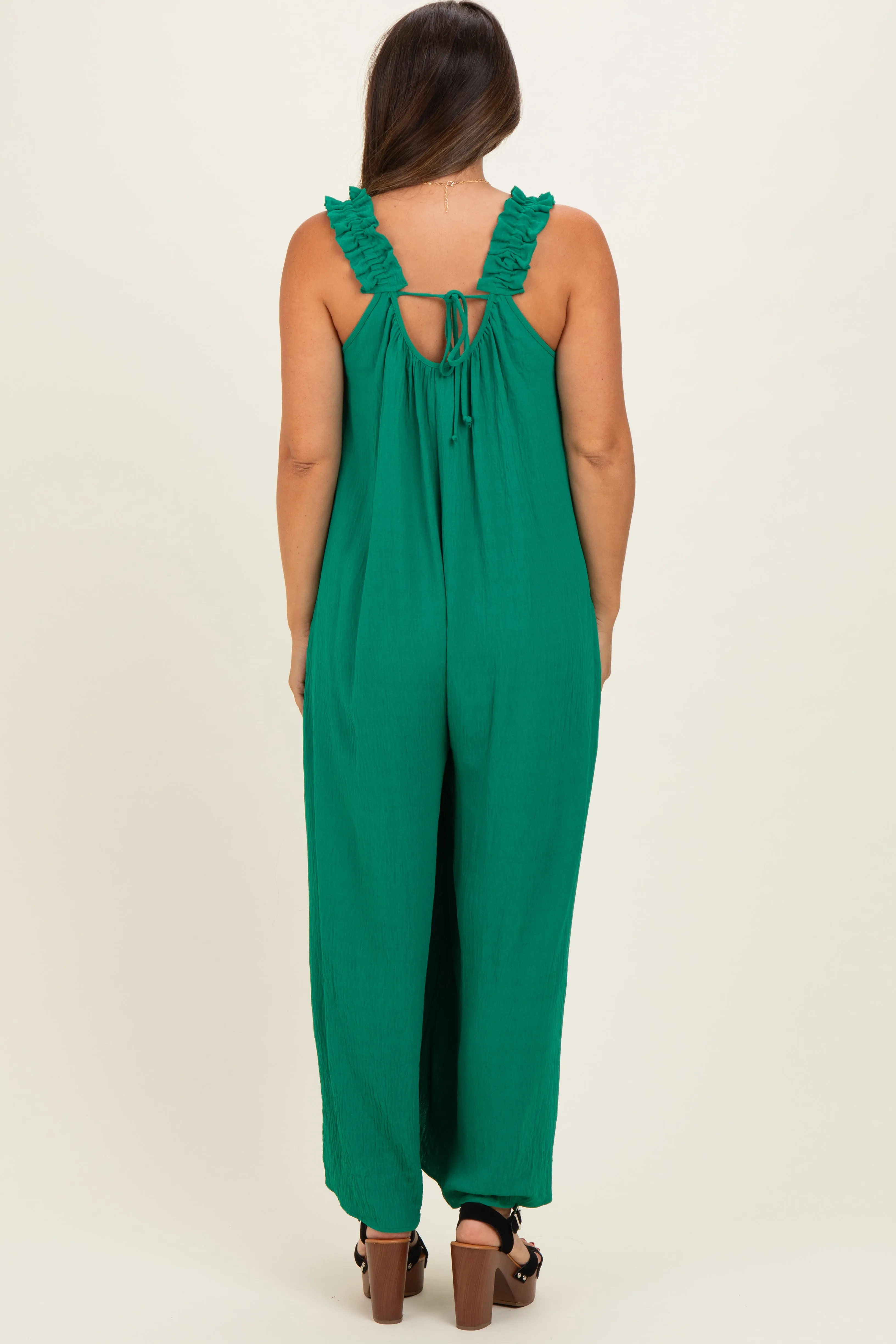 Green Ruffle Strap Maternity Wide Leg Jumpsuit sold by Pinkblush product image thumbnail 3