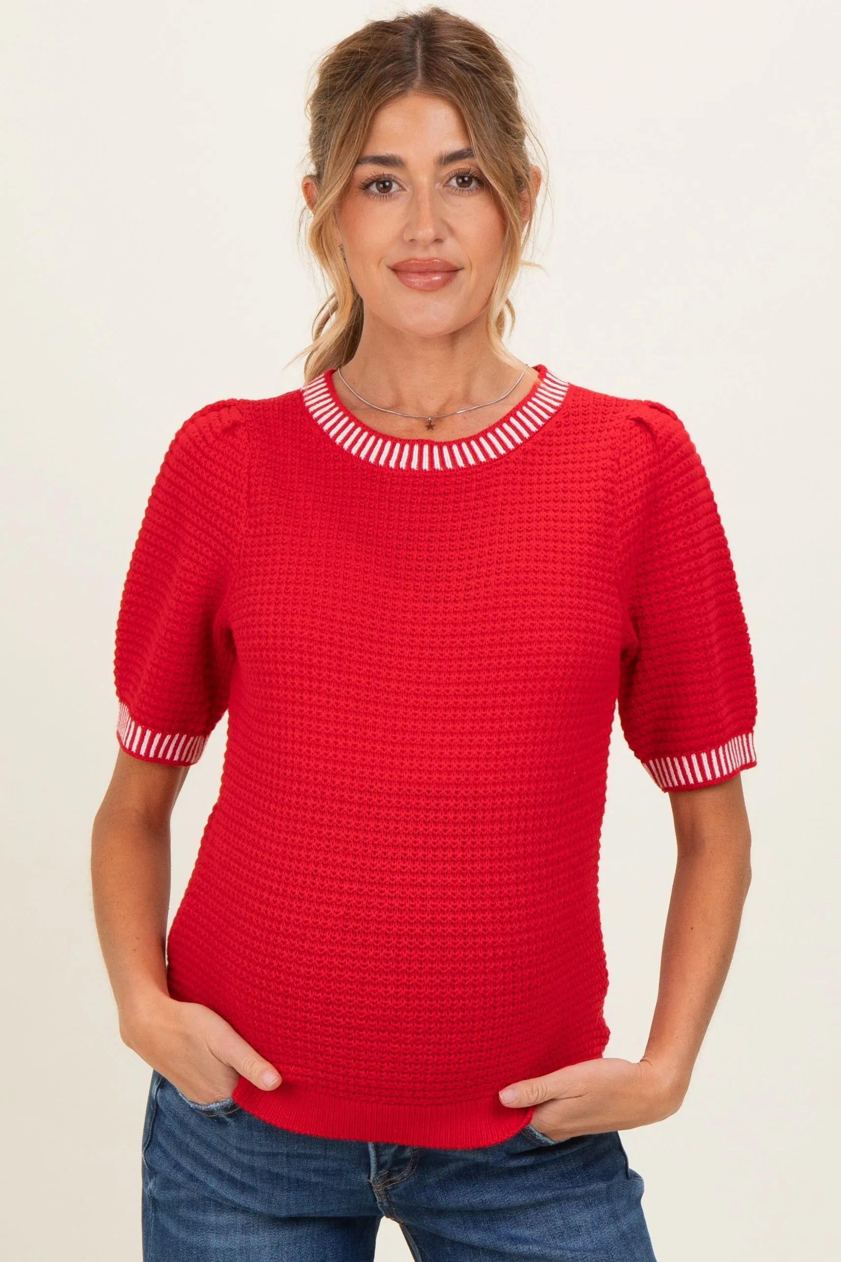Red Waffle Knit Maternity Sweater Top sold by Pinkblush