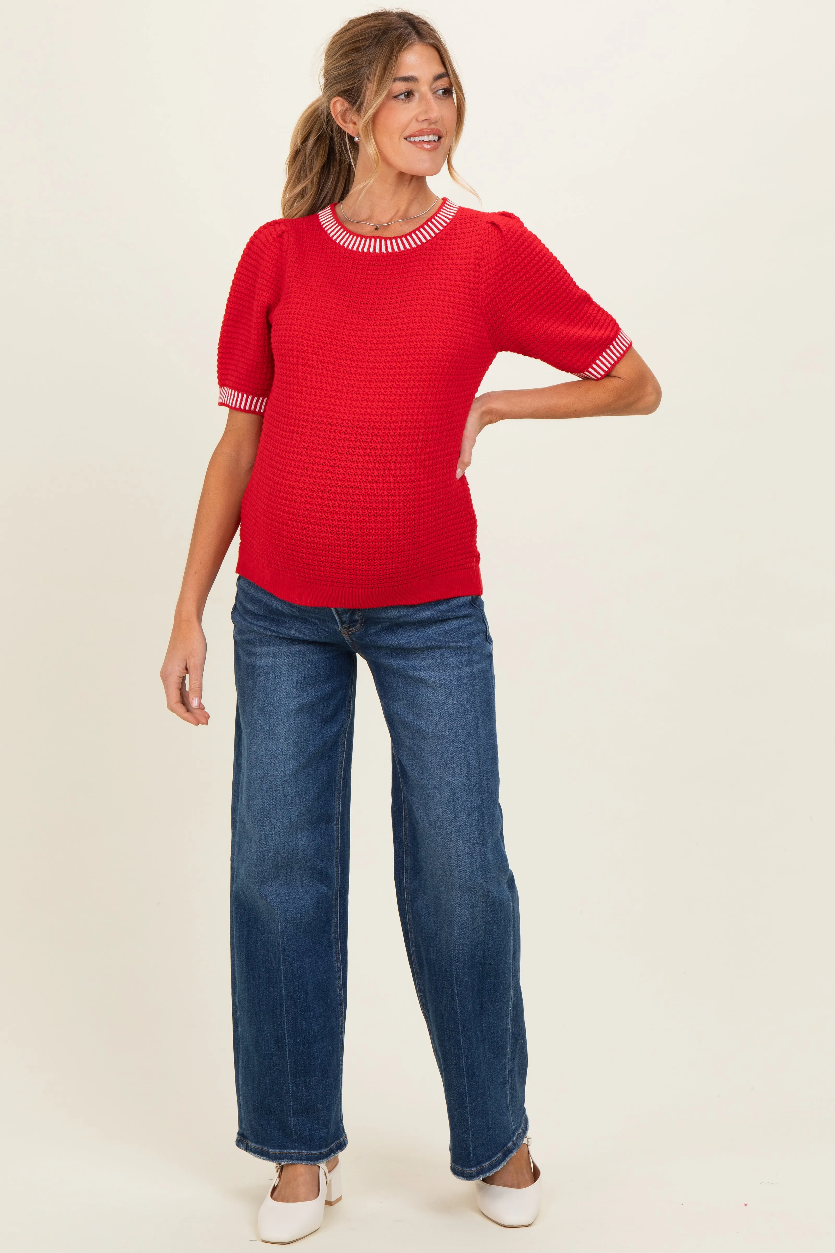 Red Waffle Knit Maternity Sweater Top sold by Pinkblush product image thumbnail 2
