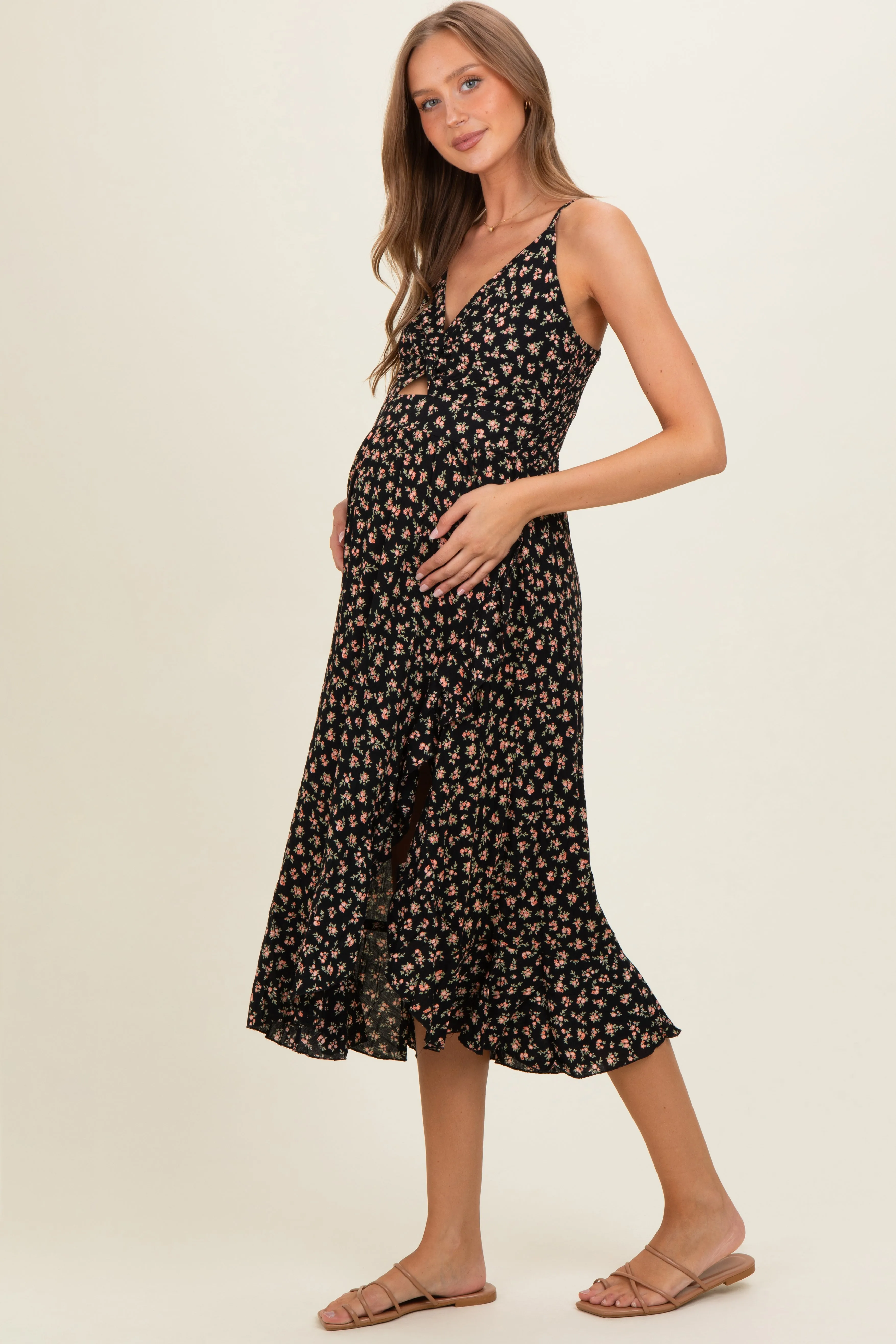 Black V Neck Twist Front Cut Out Side Ruffle Slit Maternity Midi Dress sold by Pinkblush product image thumbnail 2