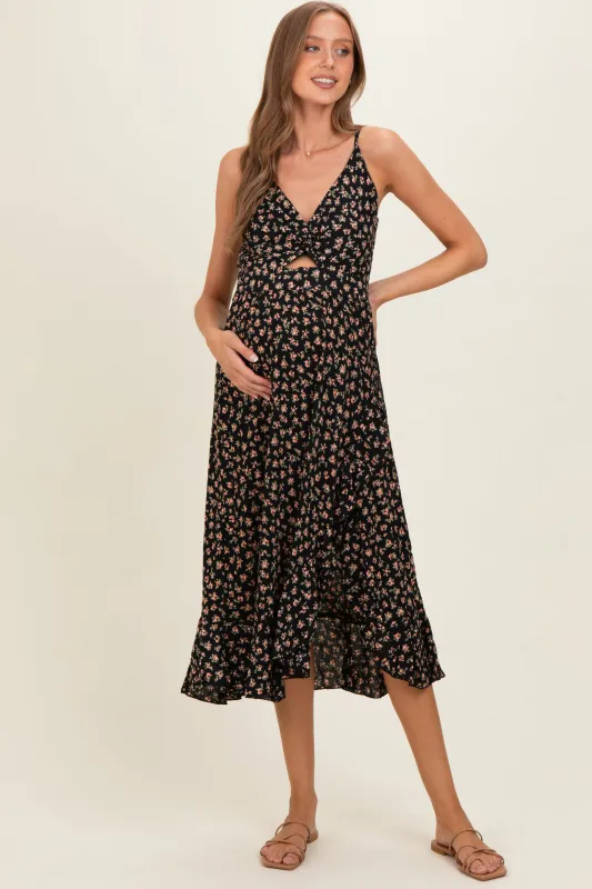 Black V Neck Twist Front Cut Out Side Ruffle Slit Maternity Midi Dress made by Angie