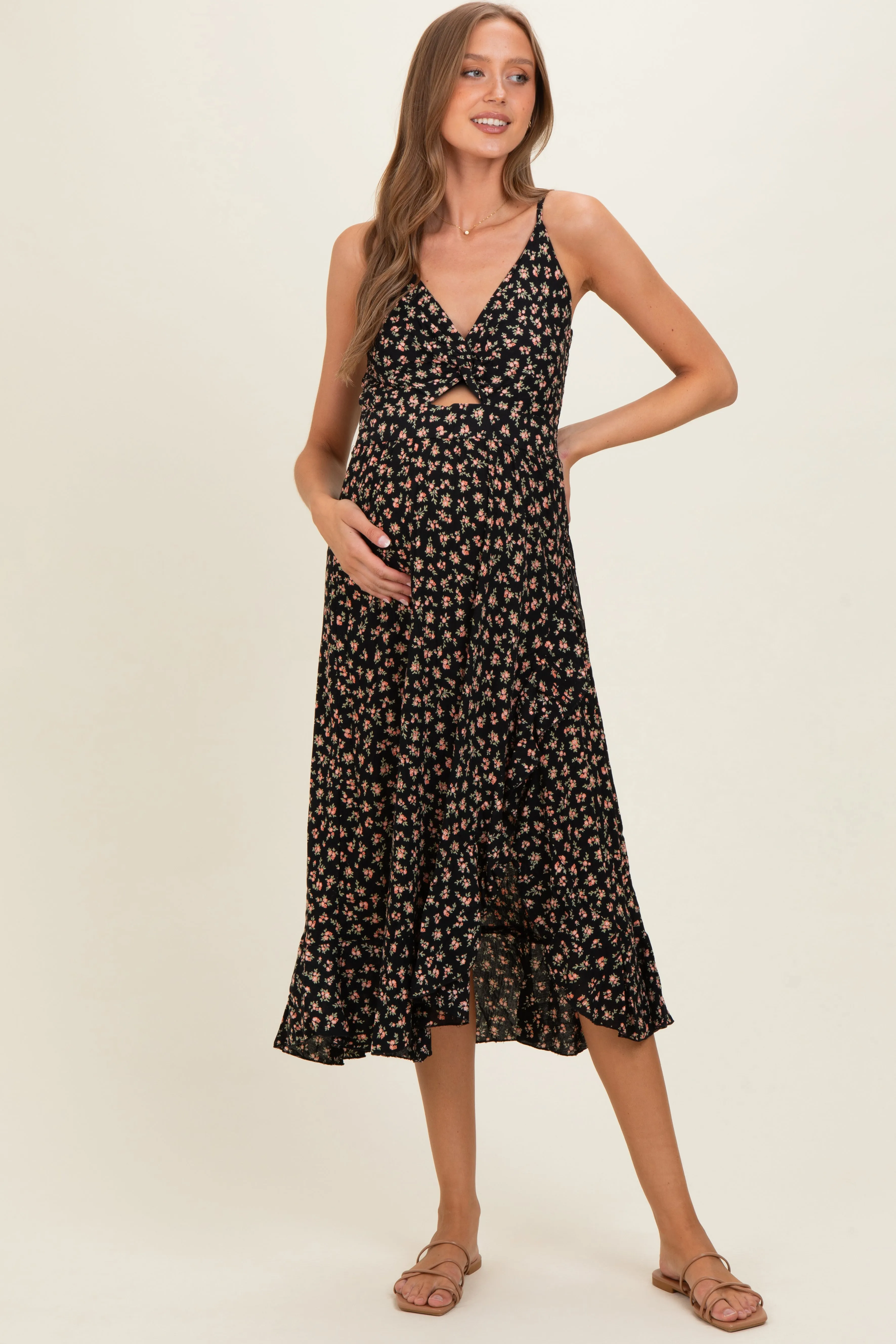 Black V Neck Twist Front Cut Out Side Ruffle Slit Maternity Midi Dress sold by Pinkblush