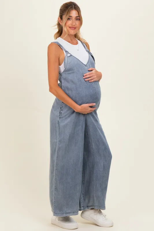 Denim V-Neck Tie Wide Leg Maternity Jumpsuit made by Final Touch