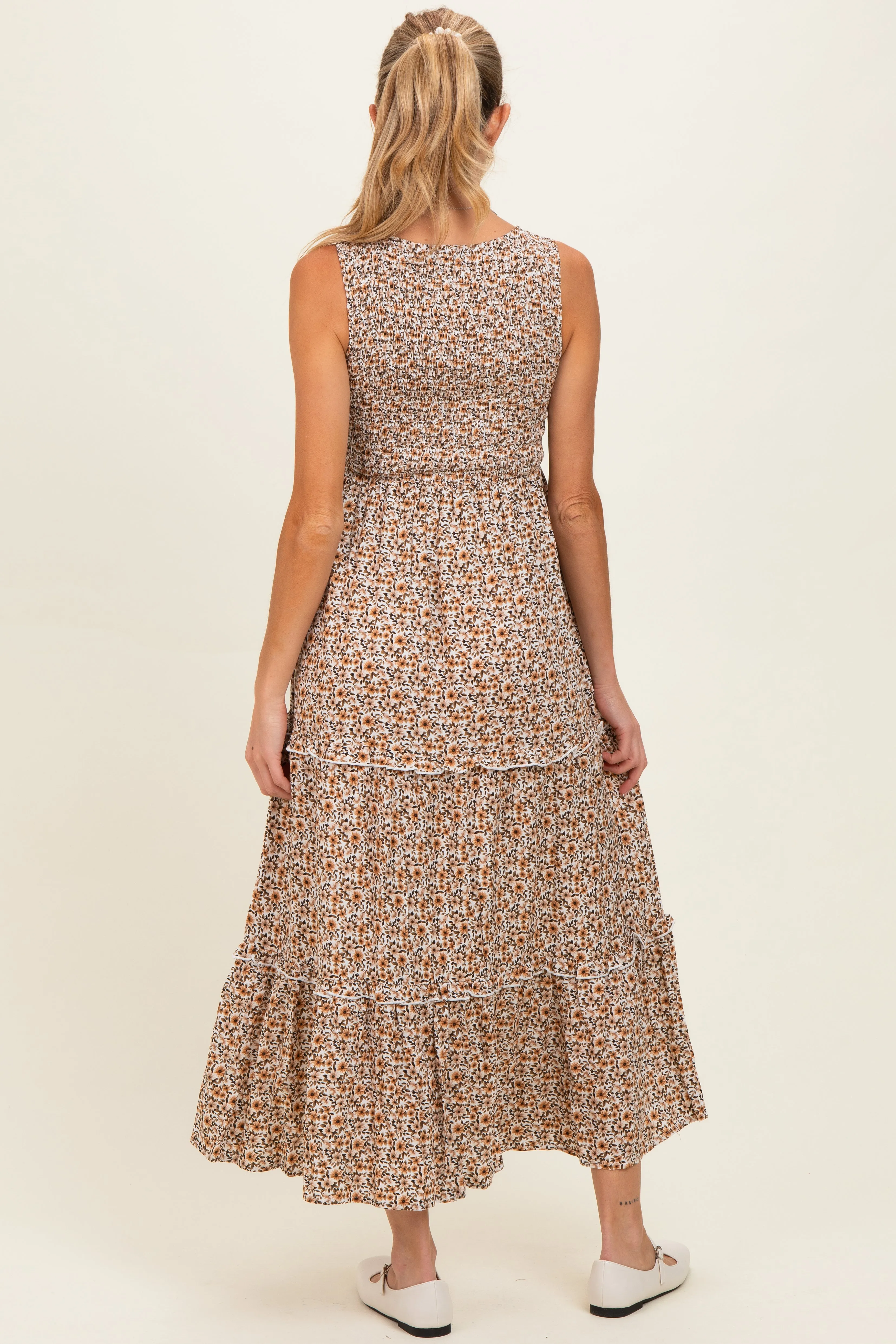 Beige Floral Smocked Sleeveless Tiered Maternity Maxi Dress sold by Pinkblush product image thumbnail 3