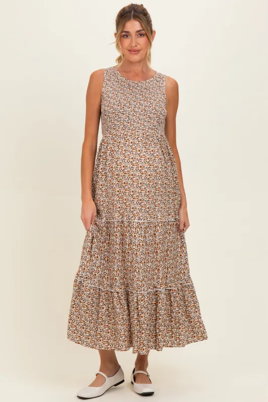 Beige Floral Smocked Sleeveless Tiered Maternity Maxi Dress made by Pinkblush