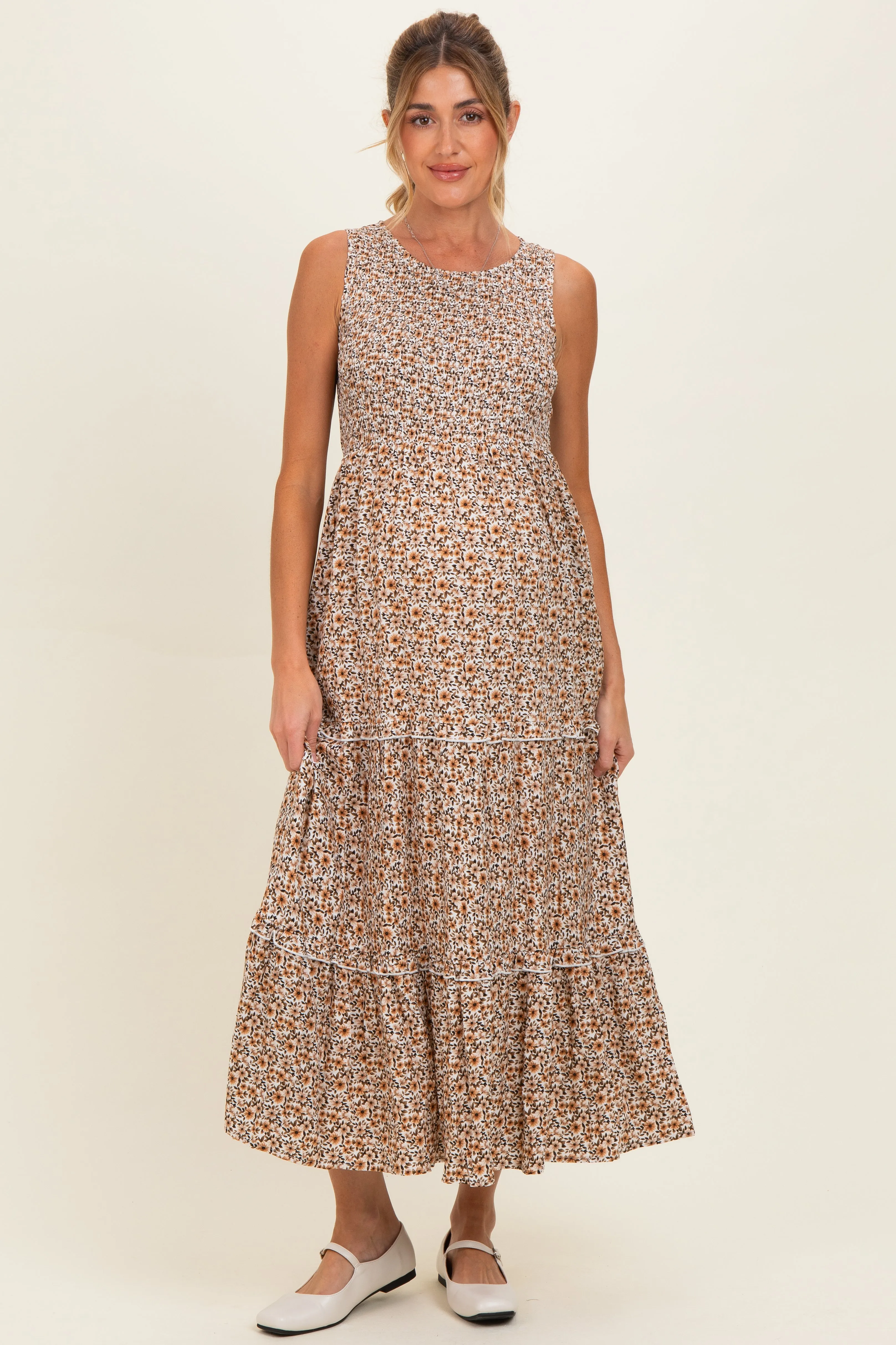 Beige Floral Smocked Sleeveless Tiered Maternity Maxi Dress sold by Pinkblush
