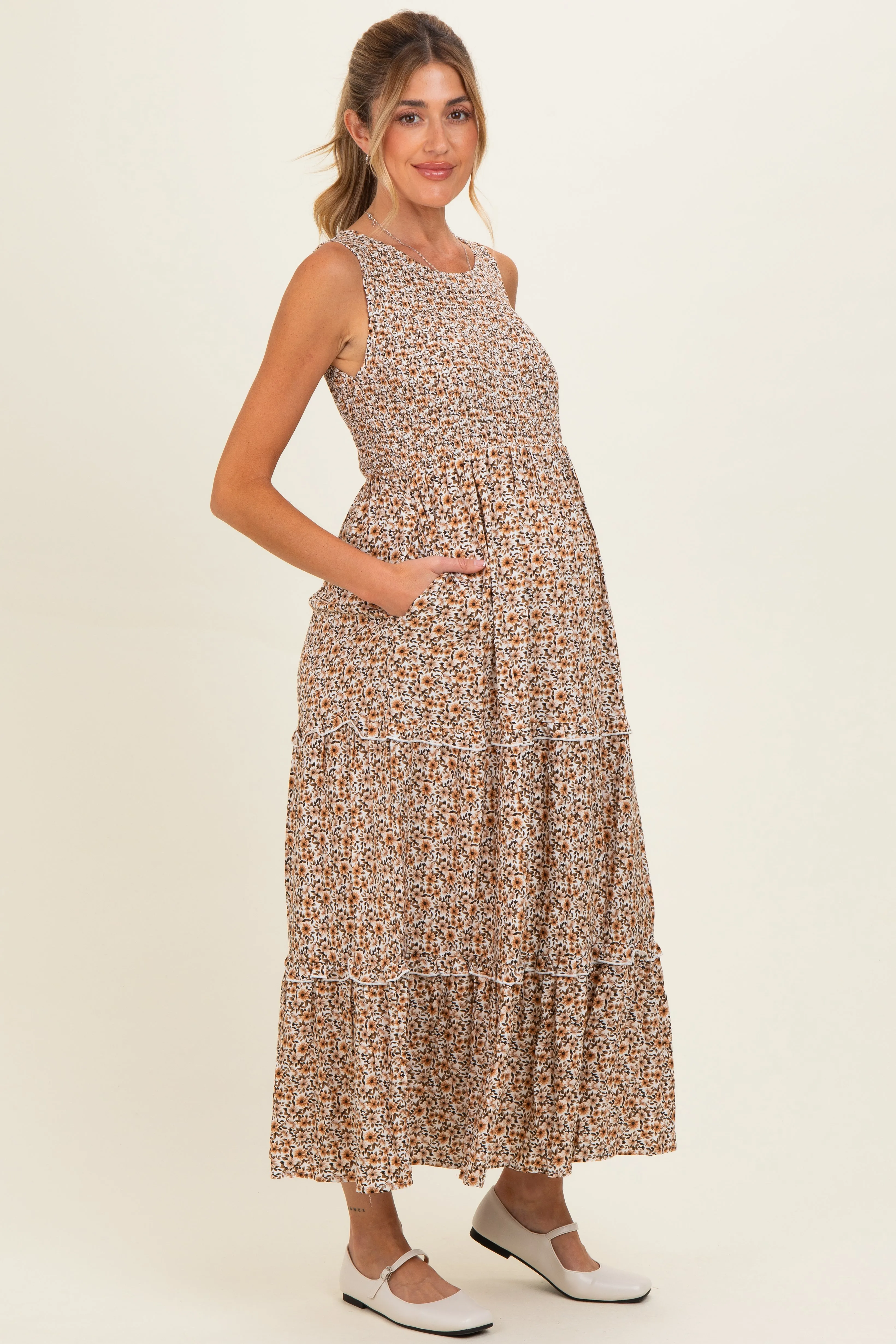 Beige Floral Smocked Sleeveless Tiered Maternity Maxi Dress sold by Pinkblush product image thumbnail 2