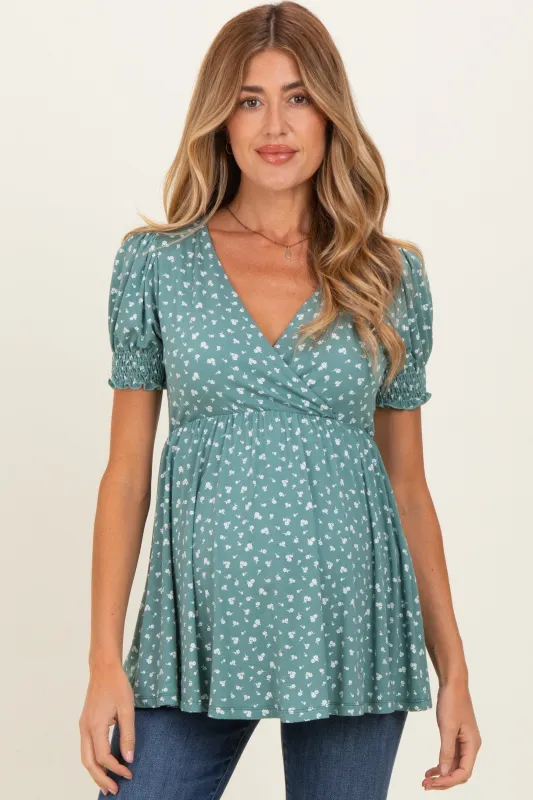 Olive Ditsy Floral Smocked Sleeve Maternity Wrap Top made by Pinkblush