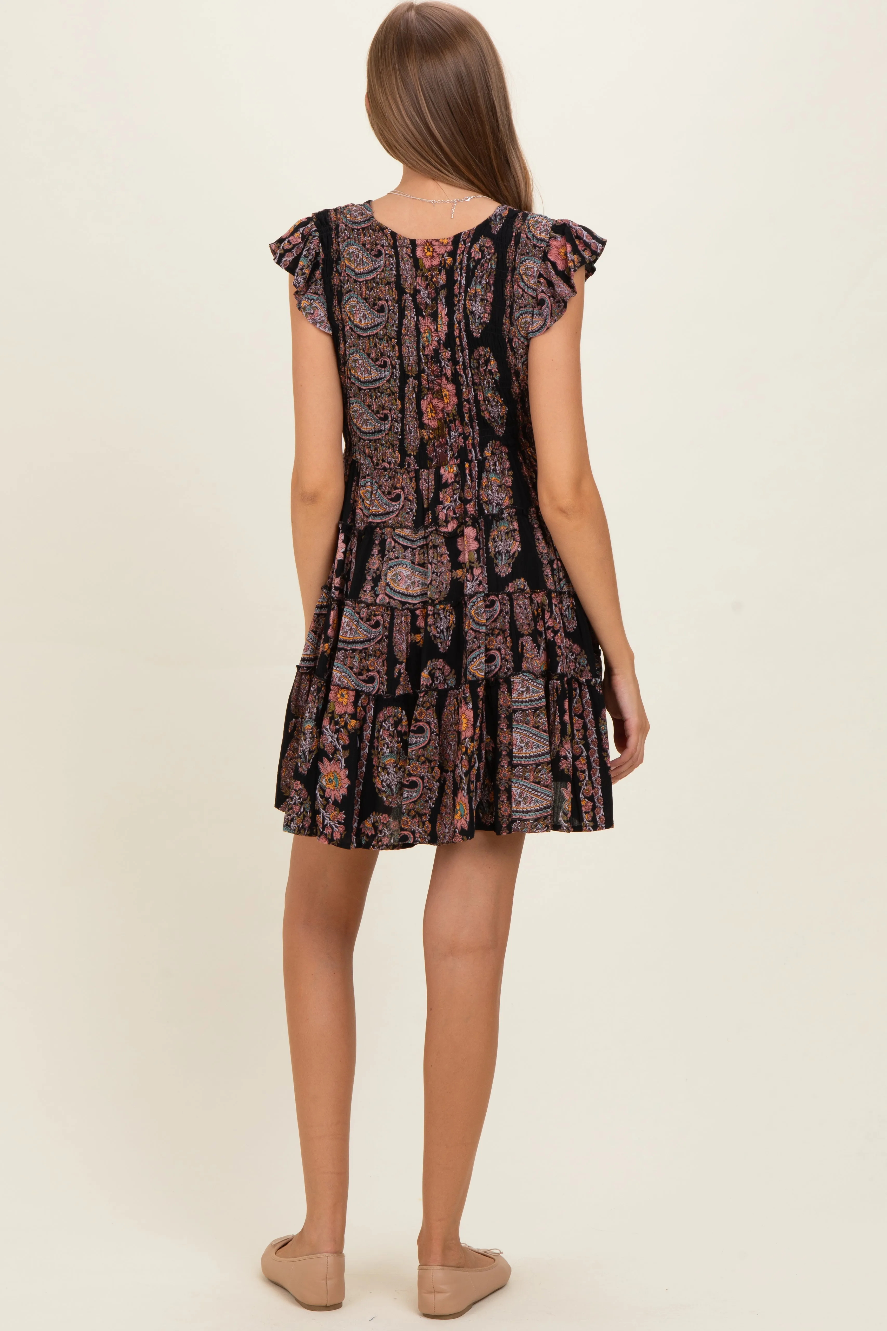 Black V Neck Smocked Bodice Flutter Sleeve Maternity Short Dress sold by Pinkblush product image thumbnail 4