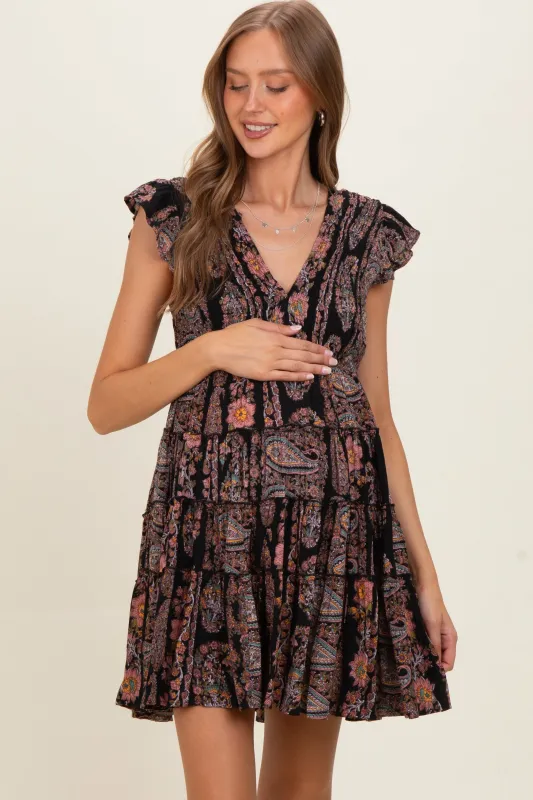 Black V Neck Smocked Bodice Flutter Sleeve Maternity Short Dress made by Angie