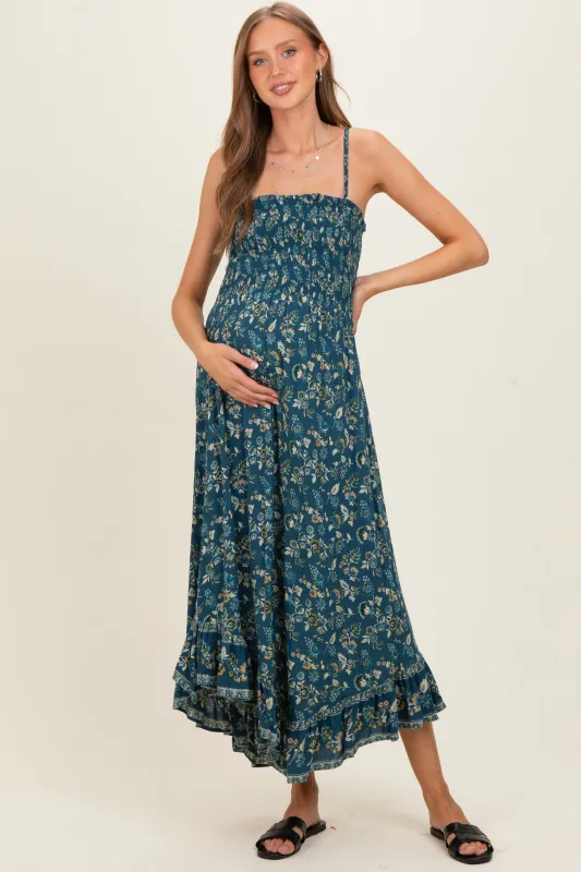 Teal Tie Neck Printed Maternity Sundress made by Angie