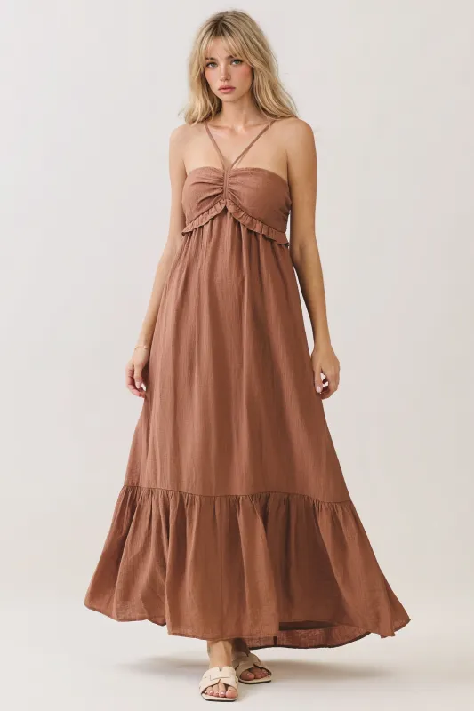 Amber Brown Halter Neck Tiered Cutout Maxi Dress made by Final Touch