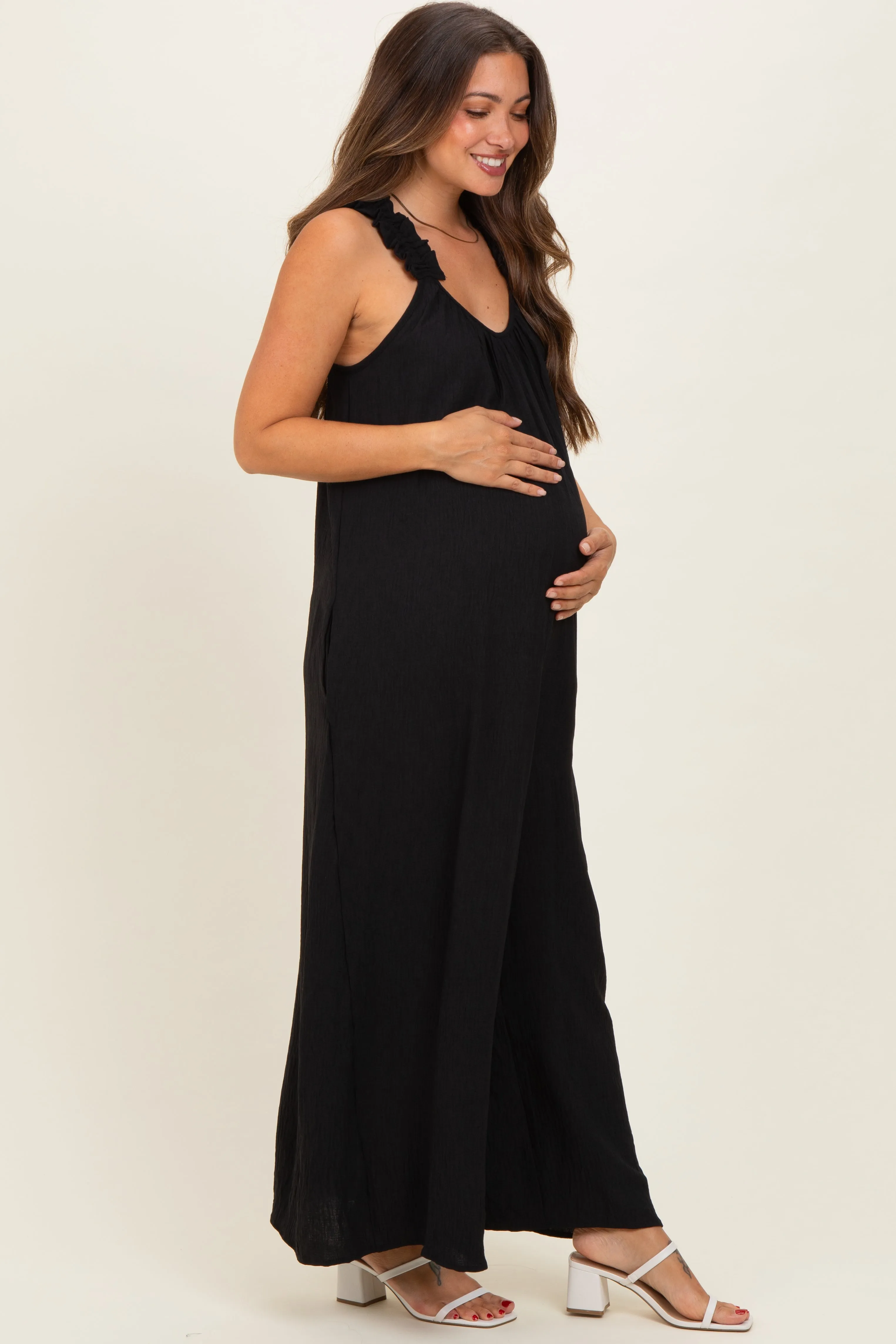 Black Ruffle Strap Maternity Wide Leg Jumpsuit sold by Pinkblush product image thumbnail 3