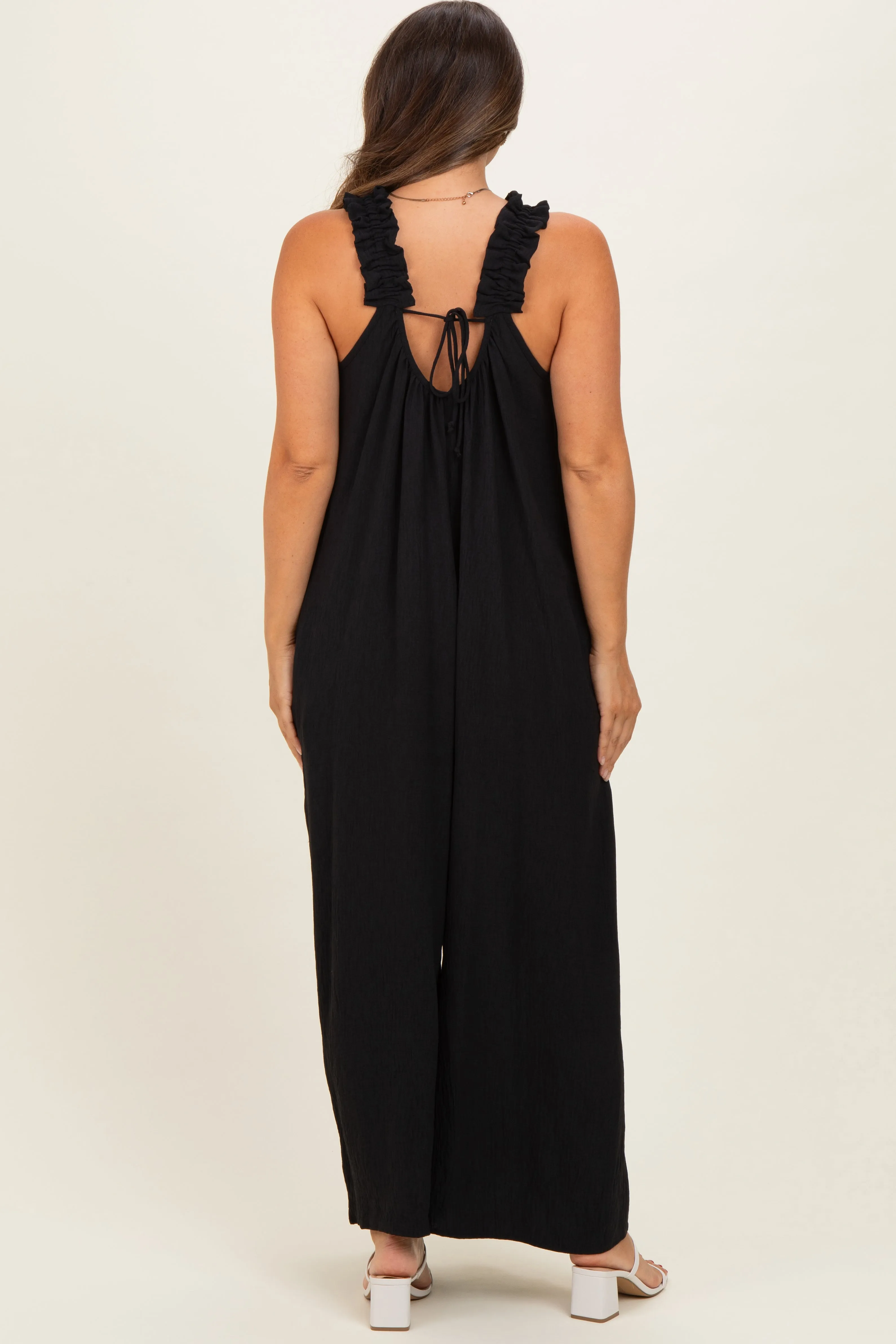 Black Ruffle Strap Maternity Wide Leg Jumpsuit sold by Pinkblush product image thumbnail 4