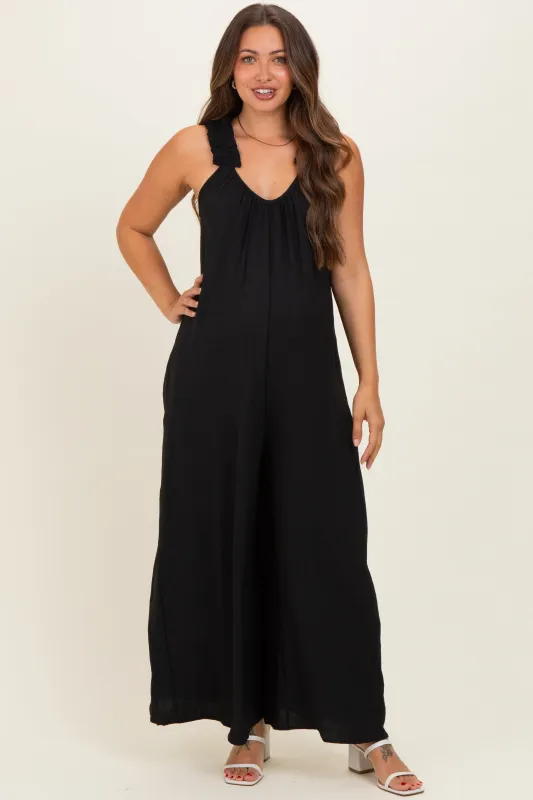 Black Ruffle Strap Maternity Wide Leg Jumpsuit made by Pinkblush