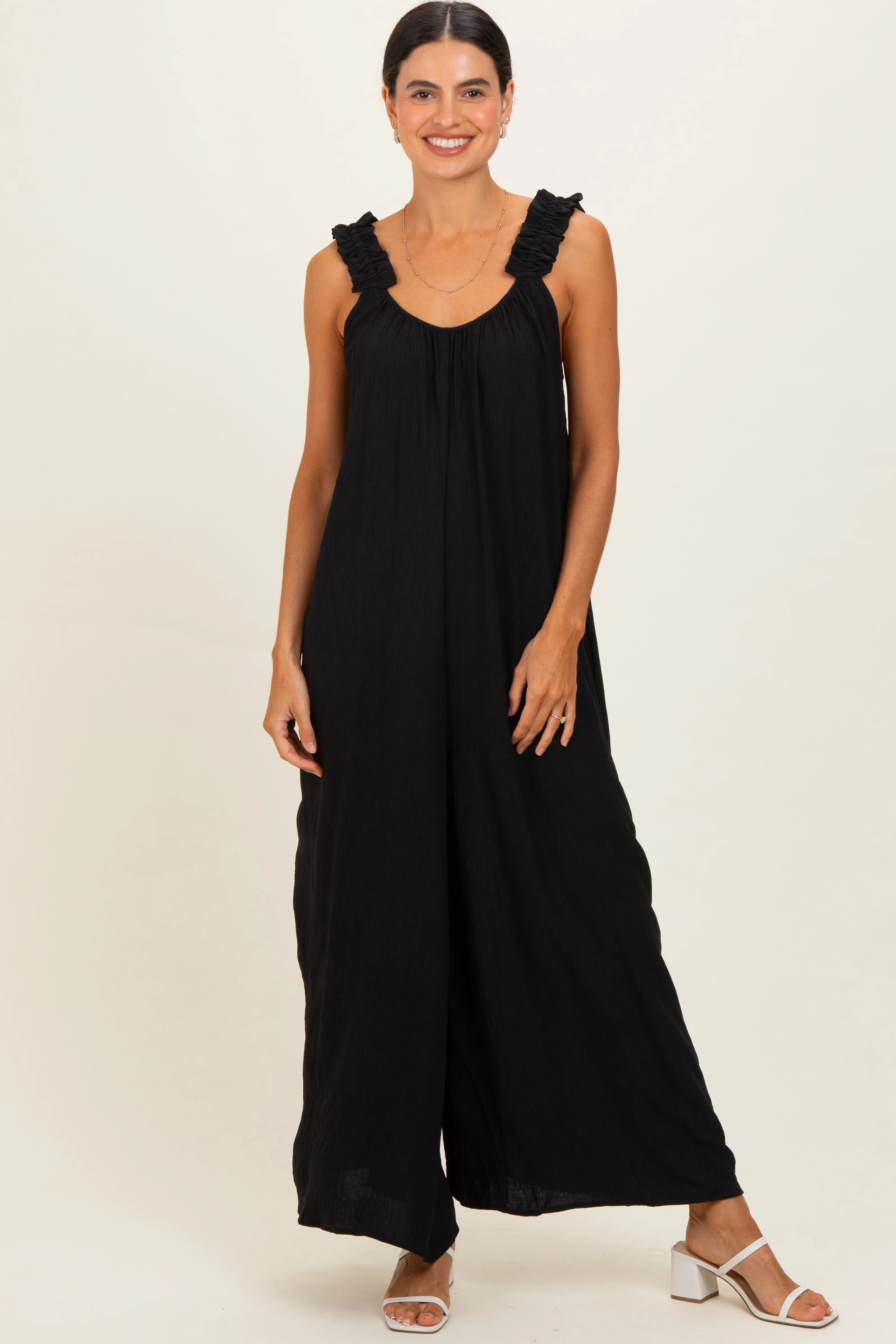 Black Ruffle Strap Maternity Wide Leg Jumpsuit sold by Pinkblush product image thumbnail 5