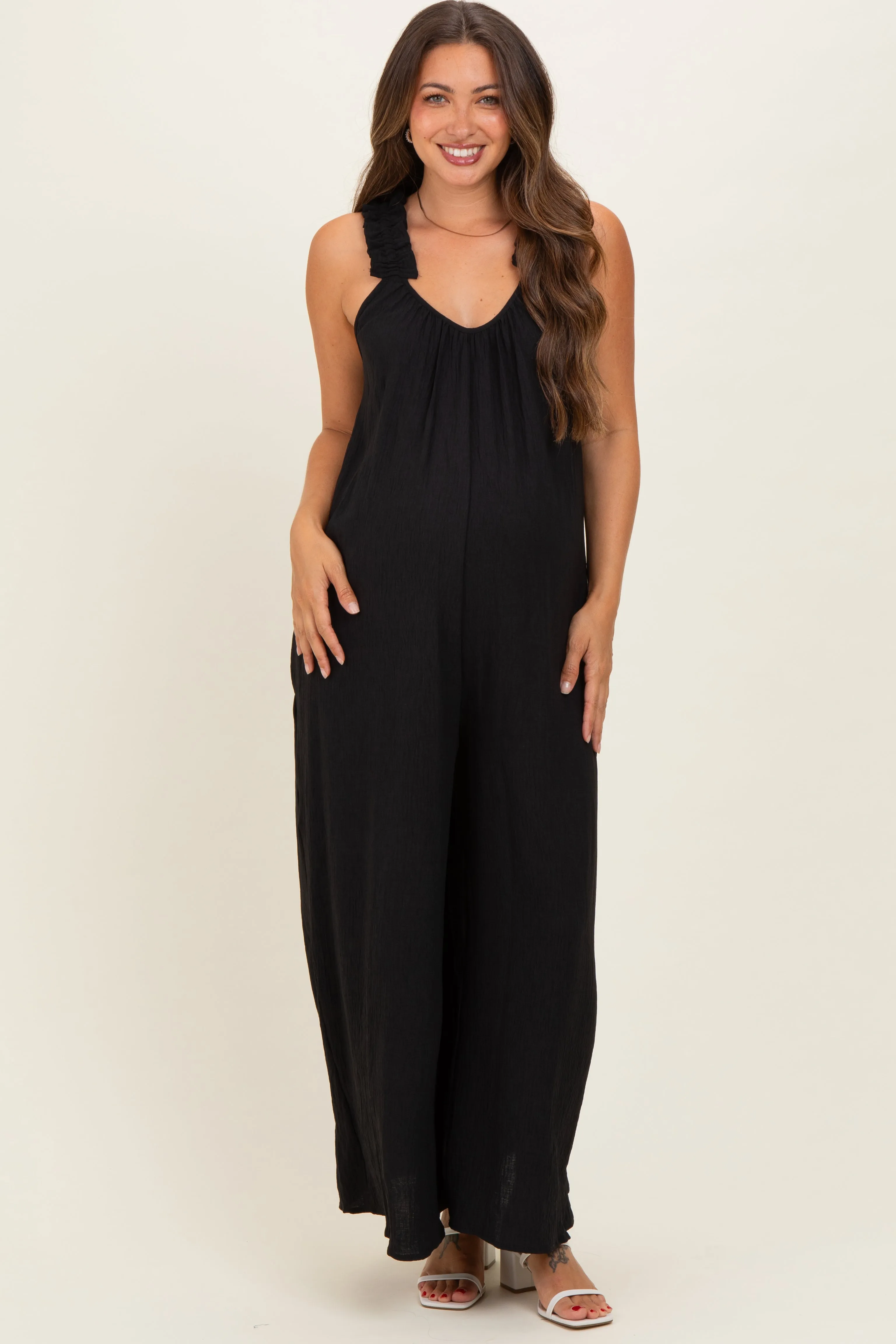 Black Ruffle Strap Maternity Wide Leg Jumpsuit sold by Pinkblush product image thumbnail 2