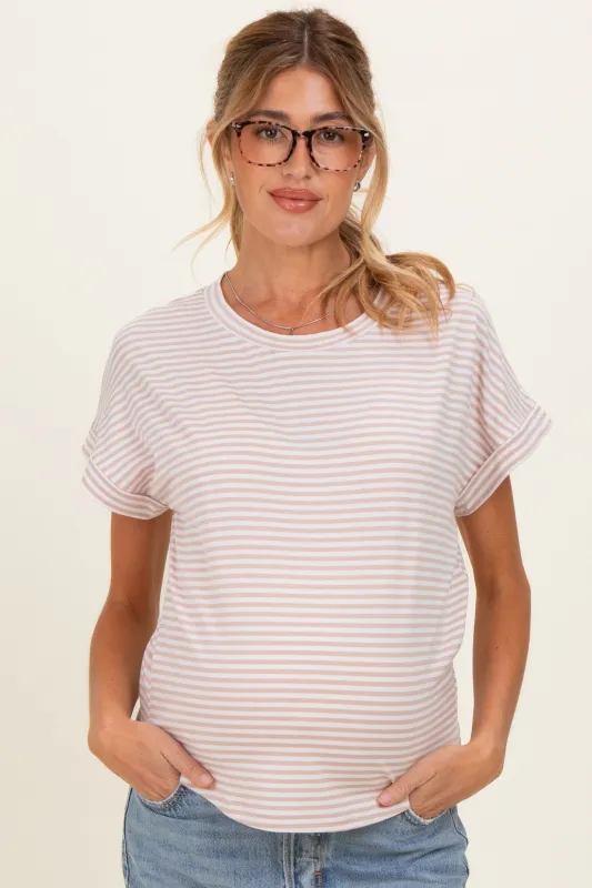 Beige Striped Short Sleeve Maternity Top made by Staccato