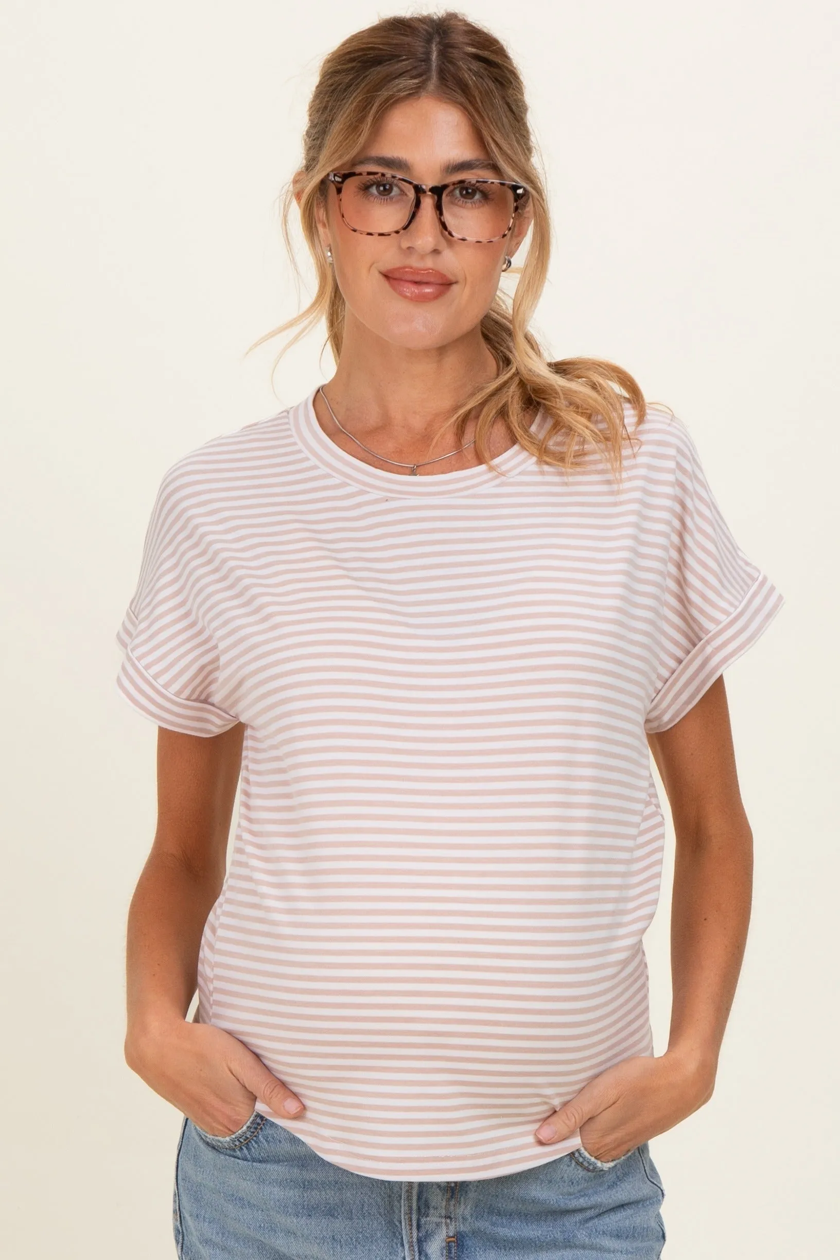 Beige Striped Short Sleeve Maternity Top sold by Pinkblush