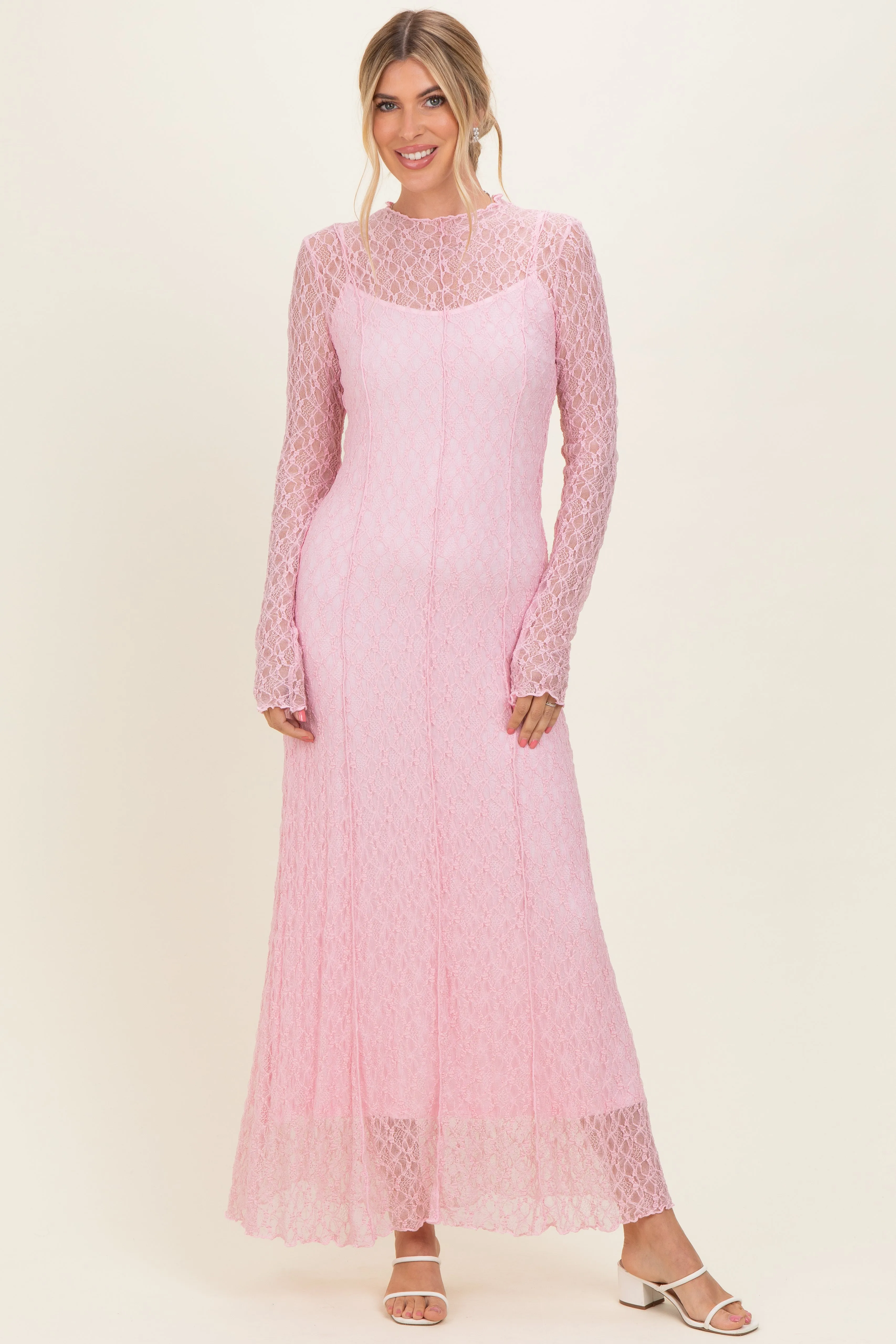 Light Pink Lace Mock Neck Long Sleeve Maxi Dress sold by Pinkblush product image thumbnail 2