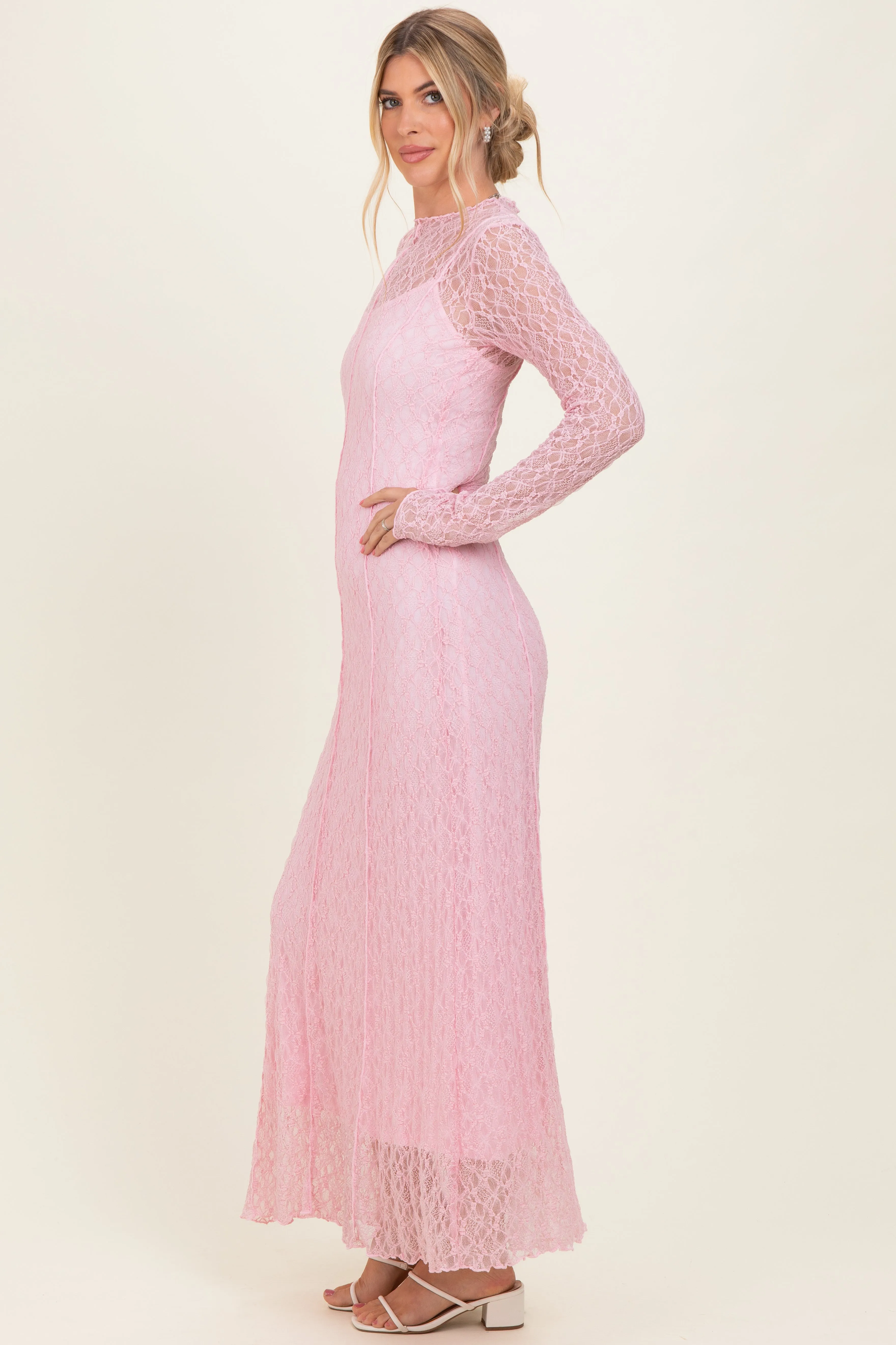 Light Pink Lace Mock Neck Long Sleeve Maxi Dress sold by Pinkblush product image thumbnail 3