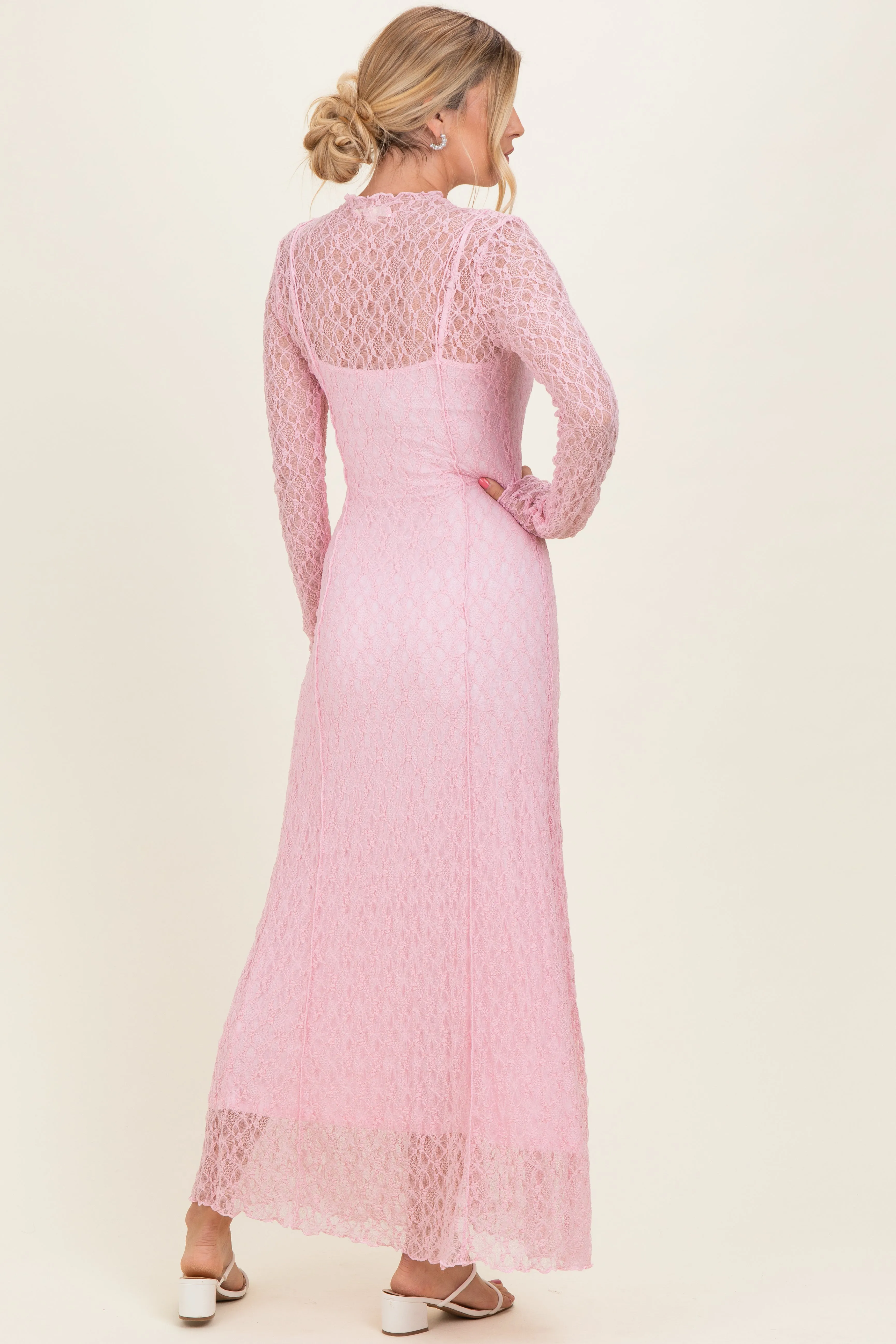 Light Pink Lace Mock Neck Long Sleeve Maxi Dress sold by Pinkblush product image thumbnail 4