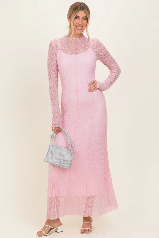 Light Pink Lace Mock Neck Long Sleeve Maxi Dress made by Pinkblush