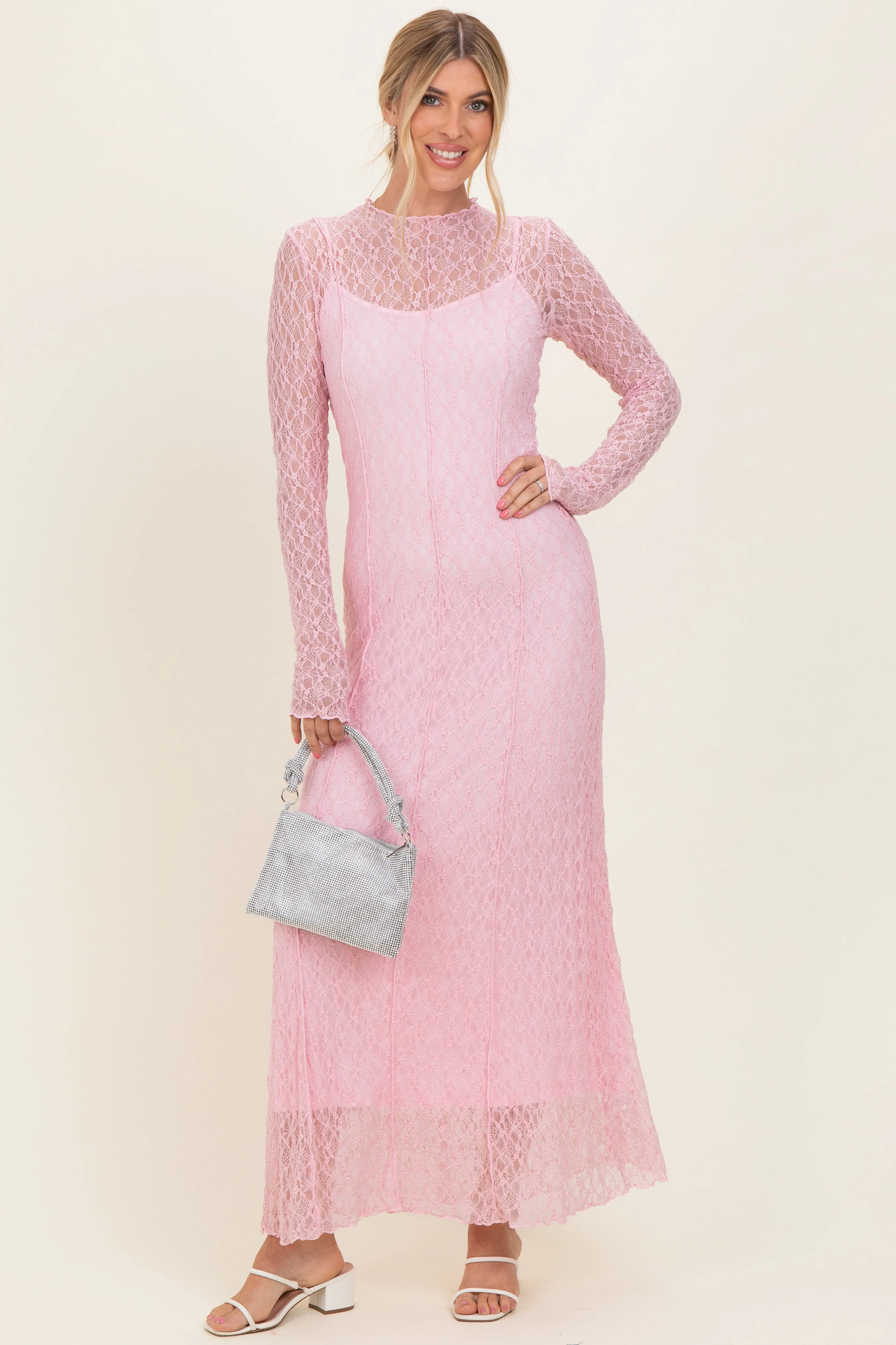 Light Pink Lace Mock Neck Long Sleeve Maxi Dress sold by Pinkblush