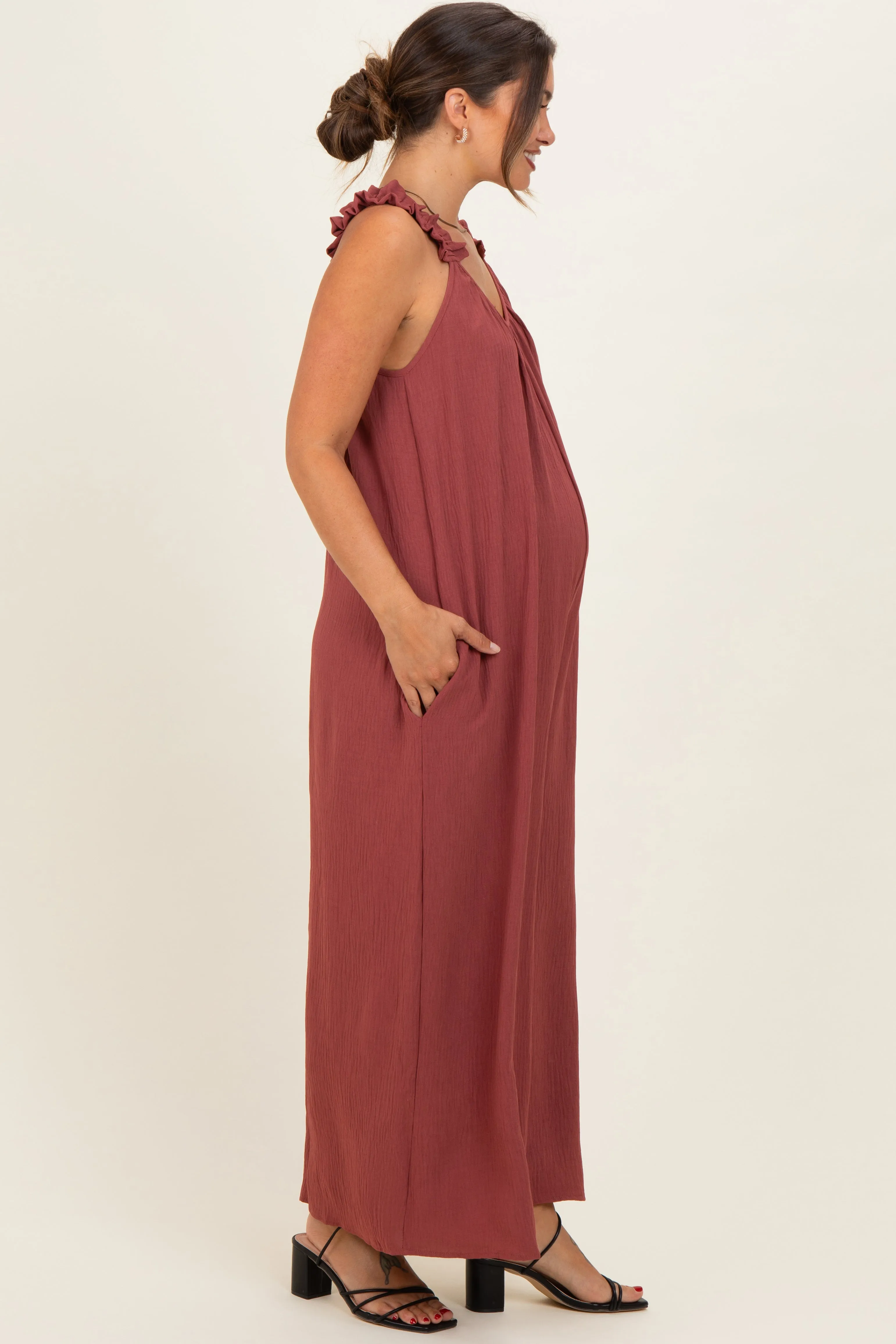 Marsala Ruffle Strap Maternity Wide Leg Jumpsuit sold by Pinkblush product image thumbnail 3