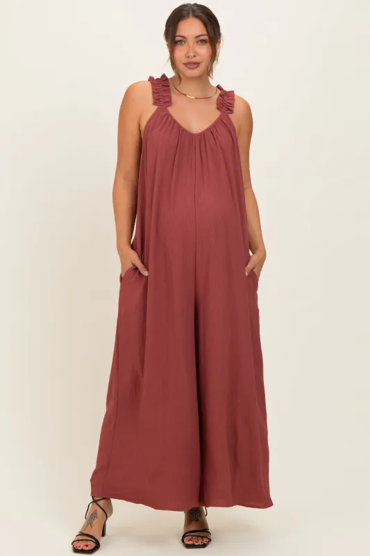 Marsala Ruffle Strap Maternity Wide Leg Jumpsuit made by Pinkblush