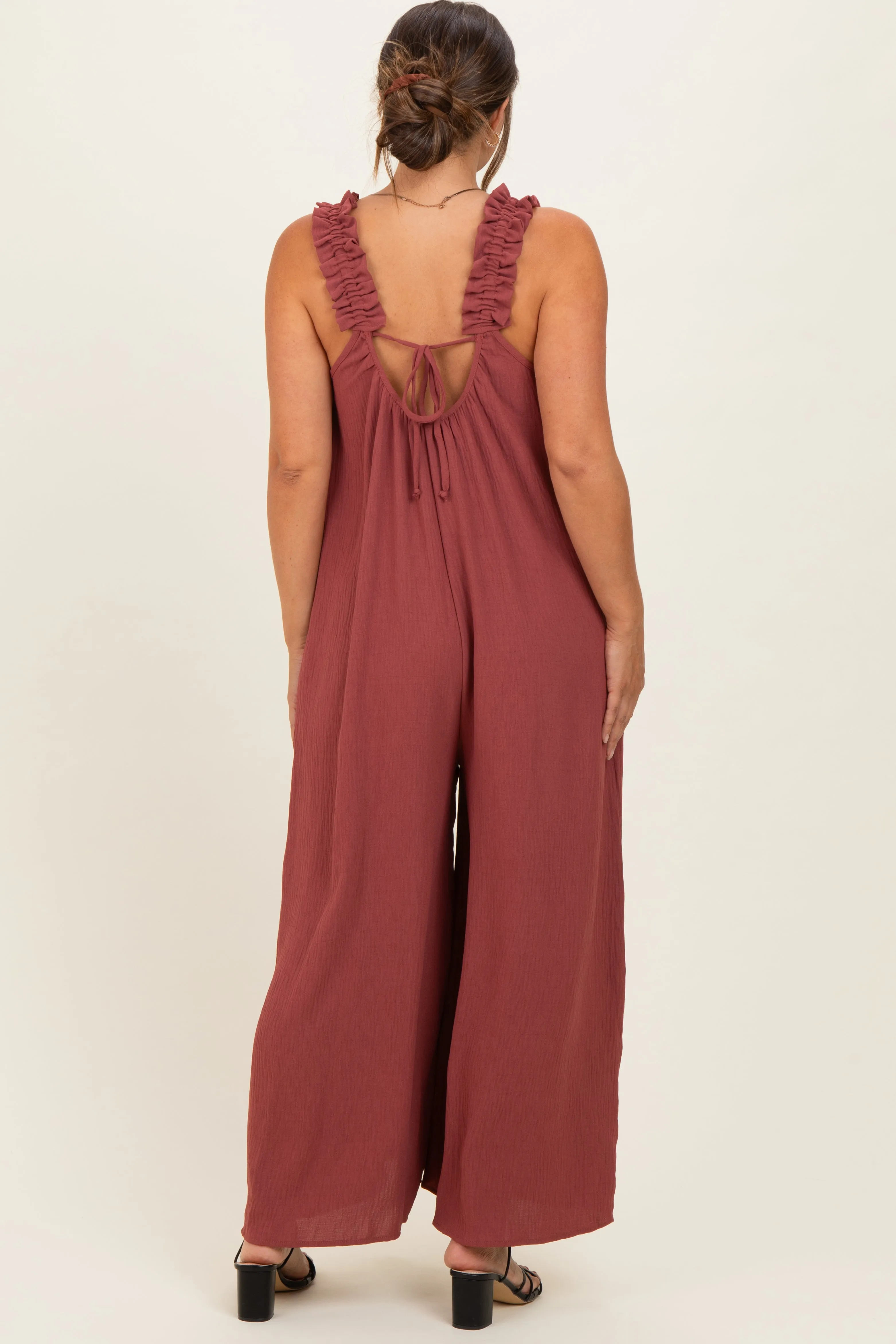 Marsala Ruffle Strap Maternity Wide Leg Jumpsuit sold by Pinkblush product image thumbnail 2