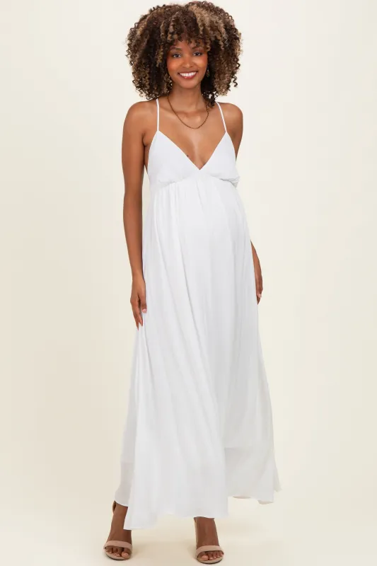 Off White V-Neck Open Back Maternity Maxi Dress made by Naked Zebra