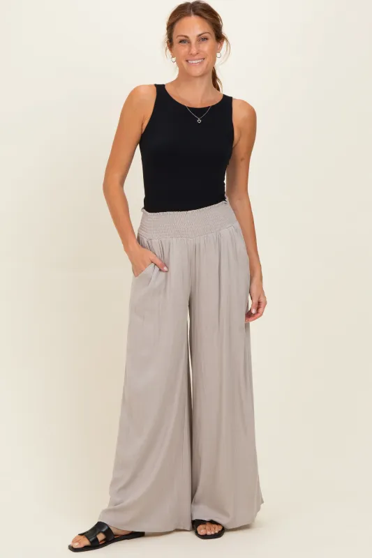 Beige Smocked Waistband Wide Leg Lounge Pants made by Zenana Outfitters