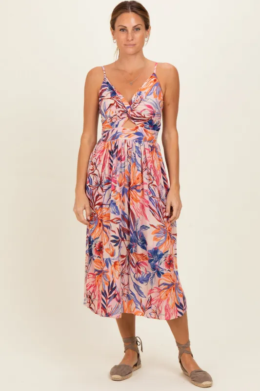 Pink Tropical Floral Twisted Front Cutout Midi Dress made by Angie