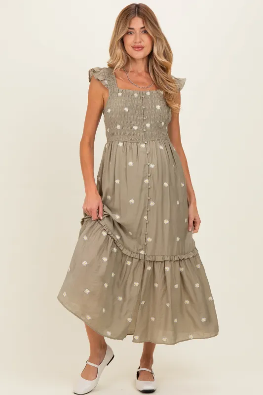 Olive Embroidered Ruffle Strap Smocked Maternity Maxi Dress made by Hem & Thread