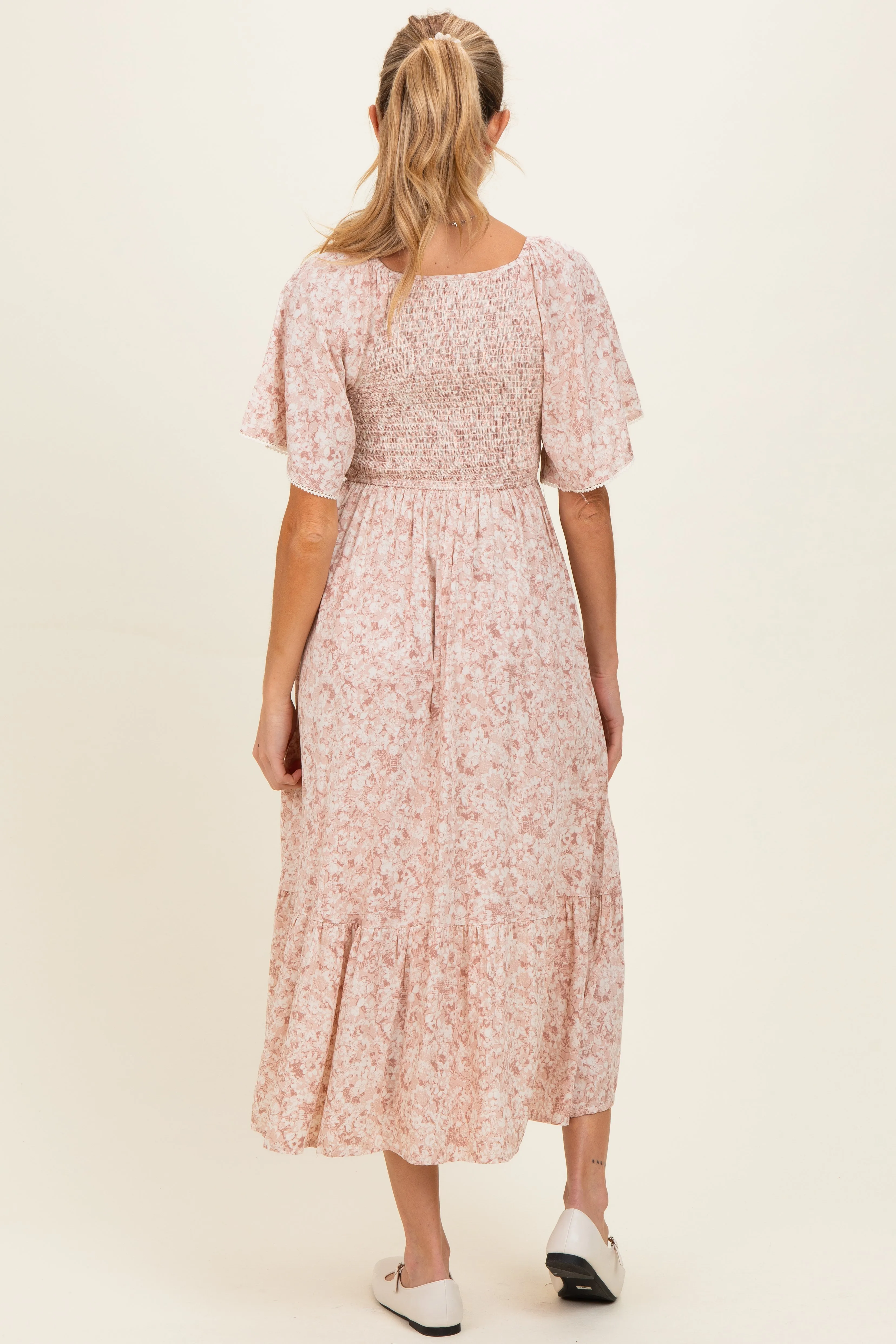 Mauve Flutter Sleeve Floral Print Smocked Chest Ruffled Hem Maternity Dress sold by Pinkblush product image thumbnail 4