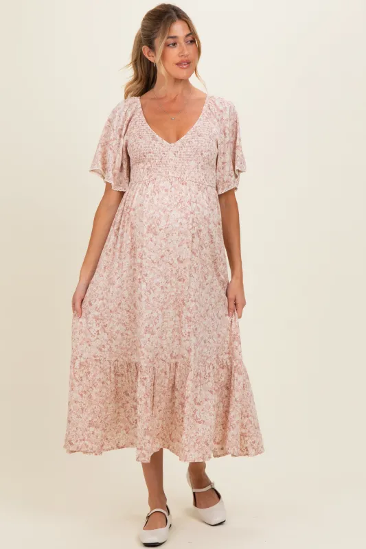 Mauve Flutter Sleeve Floral Print Smocked Chest Ruffled Hem Maternity Dress made by Hem & Thread