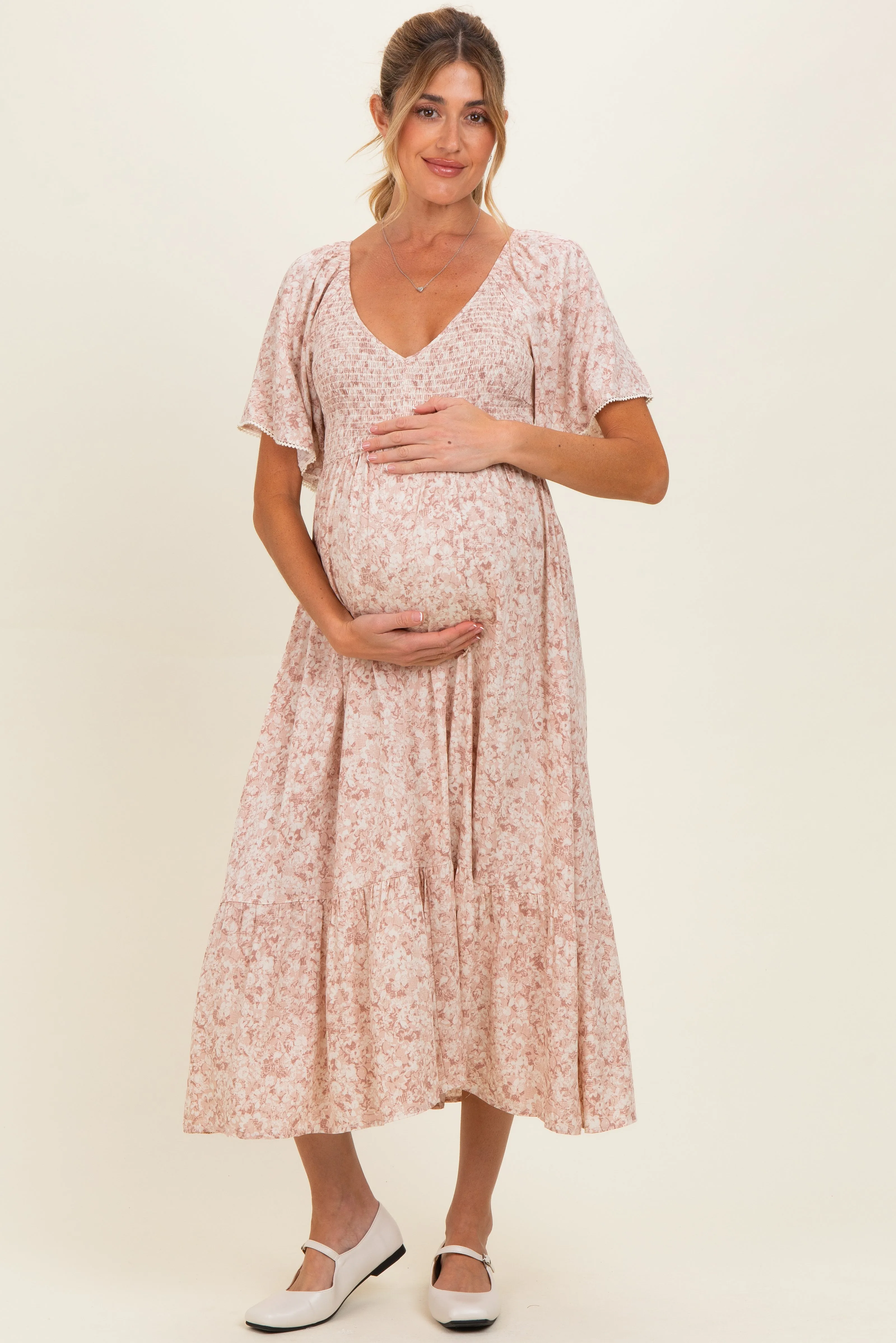 Mauve Flutter Sleeve Floral Print Smocked Chest Ruffled Hem Maternity Dress sold by Pinkblush product image thumbnail 2