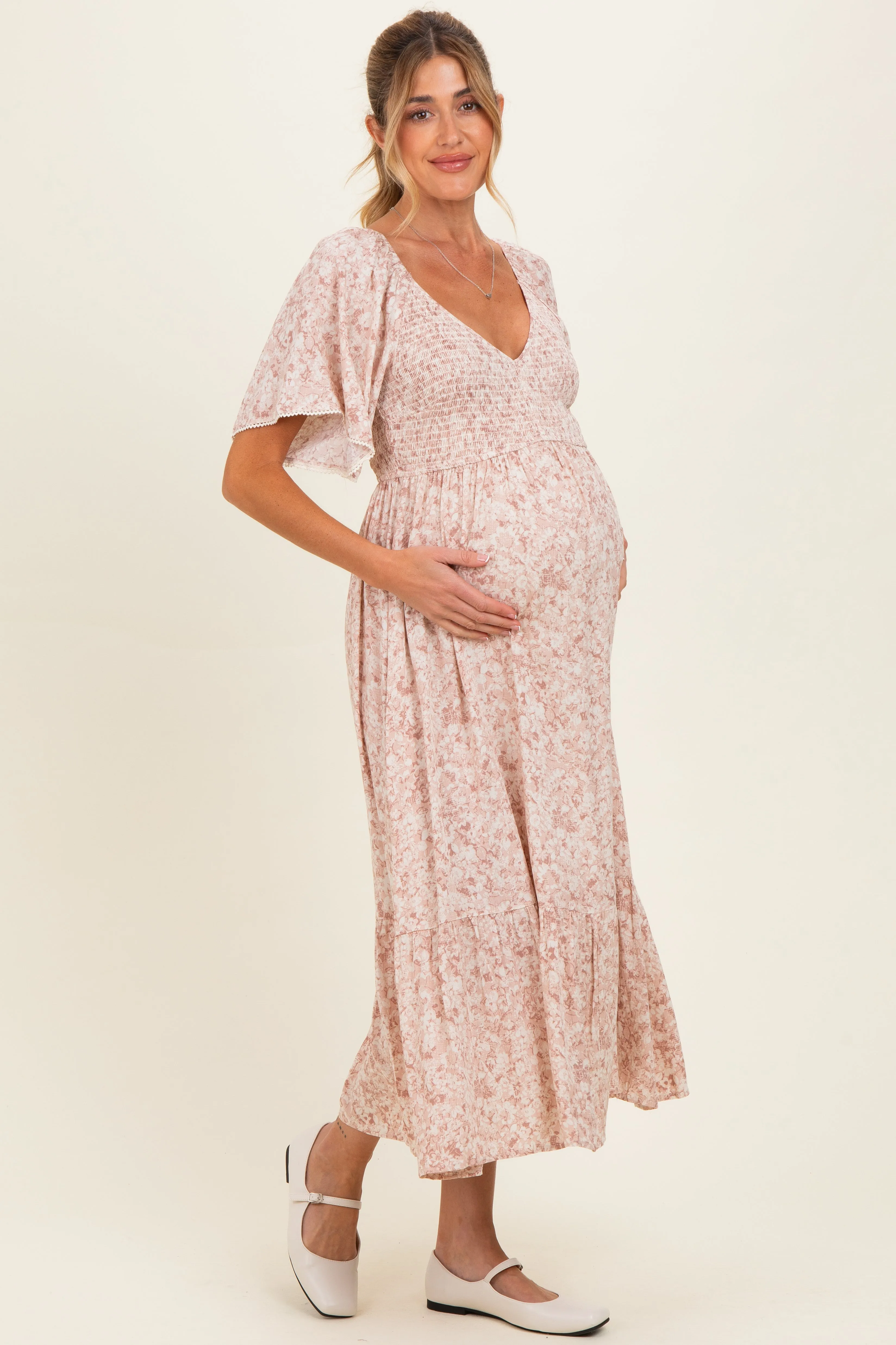 Mauve Flutter Sleeve Floral Print Smocked Chest Ruffled Hem Maternity Dress sold by Pinkblush product image thumbnail 3
